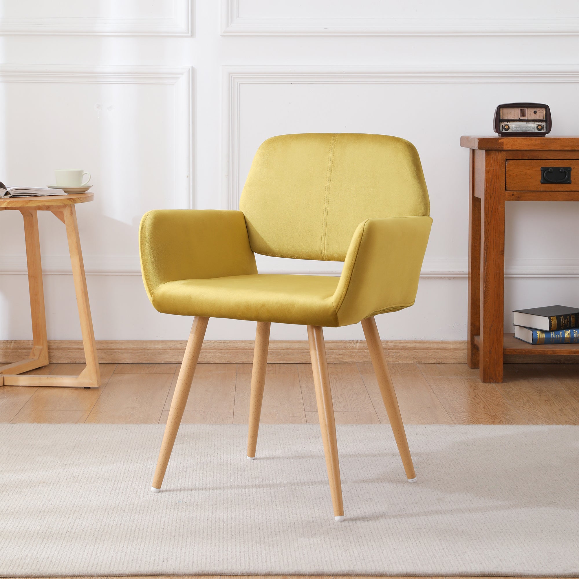 Velet Upholstered Side Dining Chair with Metal Leg(Yellow velet+Beech Wooden Printing Leg),KD backrest