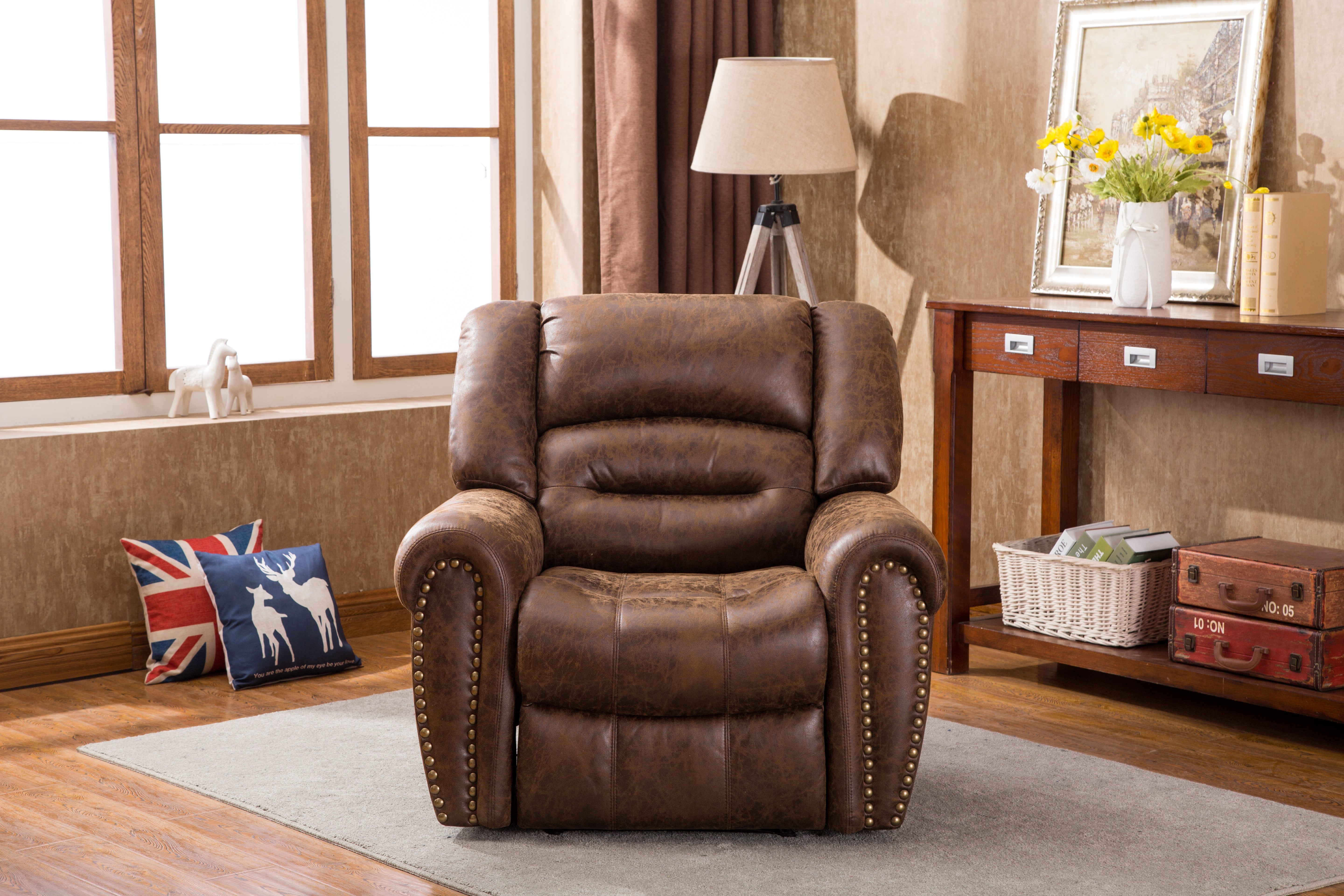 Electric Recliner Chair W/Breathable Bonded Leather, Classic Single Sofa Home Theater Recliner Seating W/USB Port (Nut Brown)