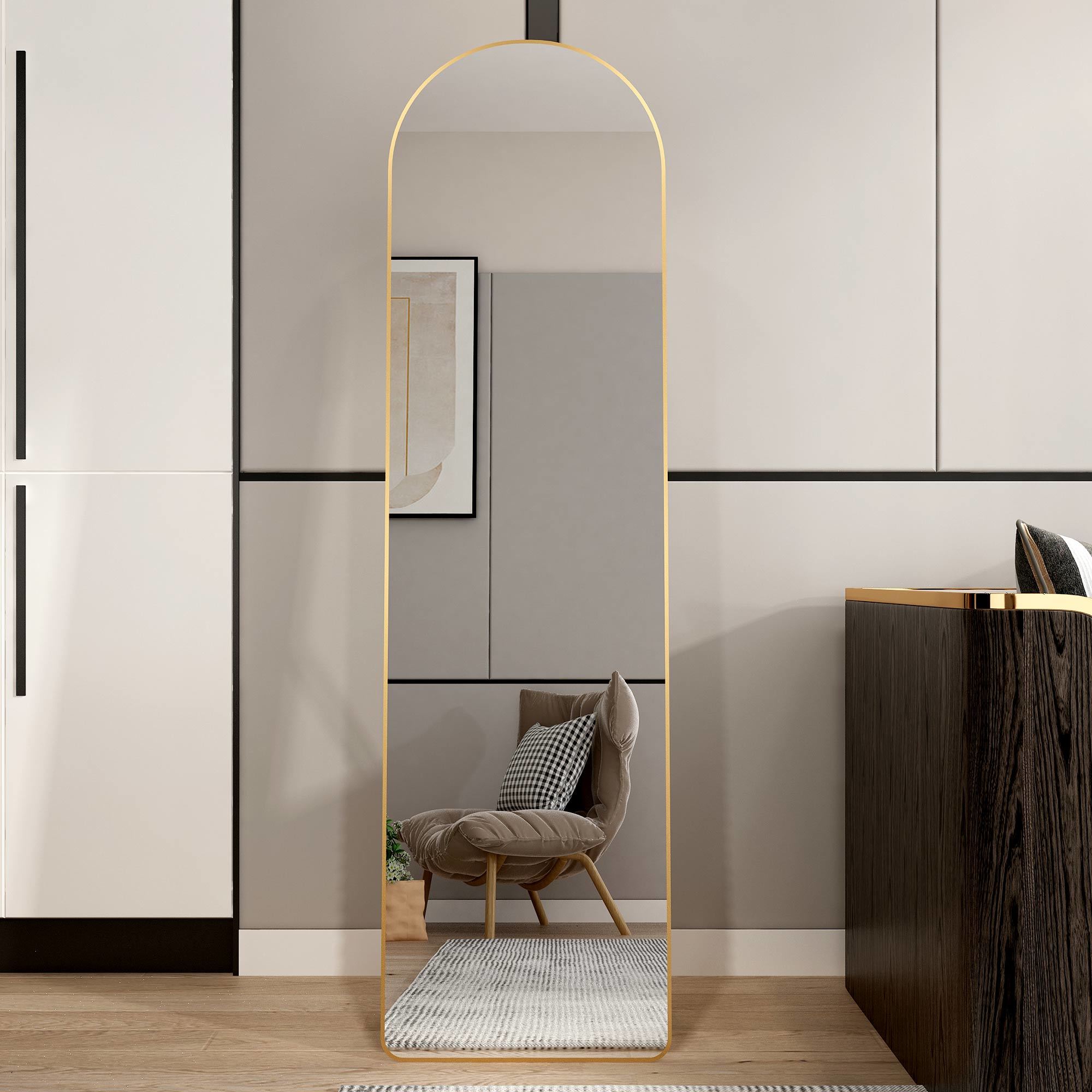 The 1st generation of floor mounted full length mirrors. Aluminum alloy metal frame arched wall mirror, bathroom makeup mirror, bedroom porch, wall mounted. Gold 60 "* 16.5"W115158172