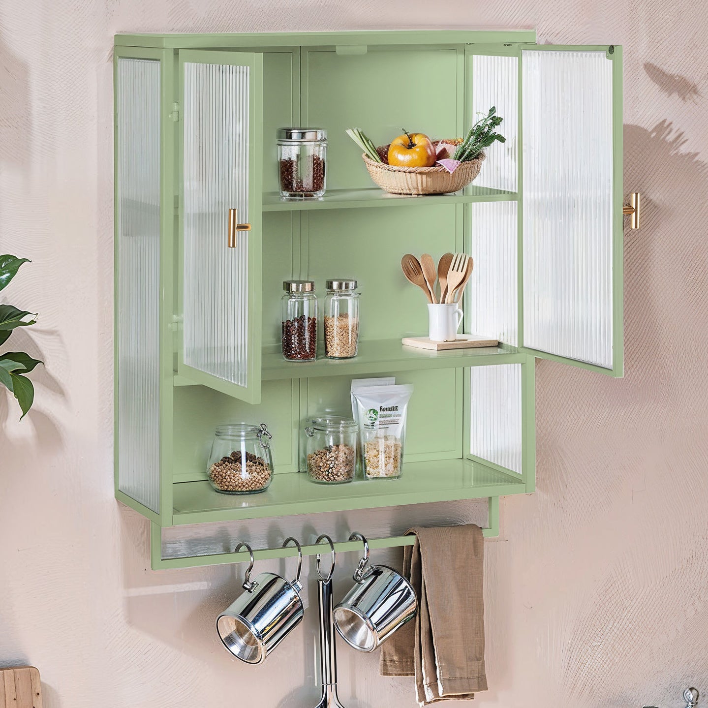 23.62"Glass Doors Modern Two-door Wall Cabinet with Featuring Two-tier Enclosed Storage, an Open Shelf, and Towel Rack, for Entryway Living Room Bathroom Dining Room,Green