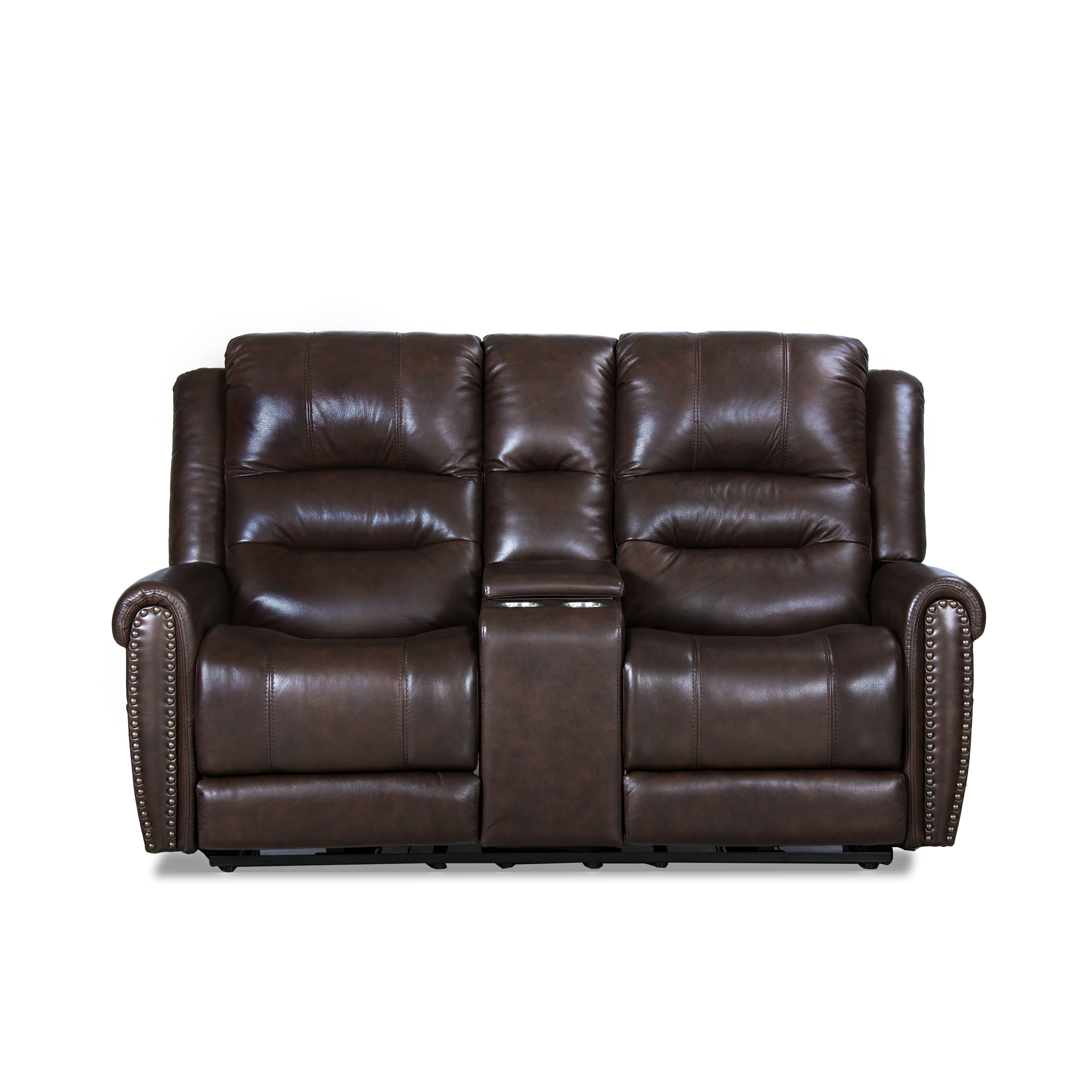 Espoo Genuine Top Grain Leather Adjustable Headrest Nailhead Loveseat with Storage Console