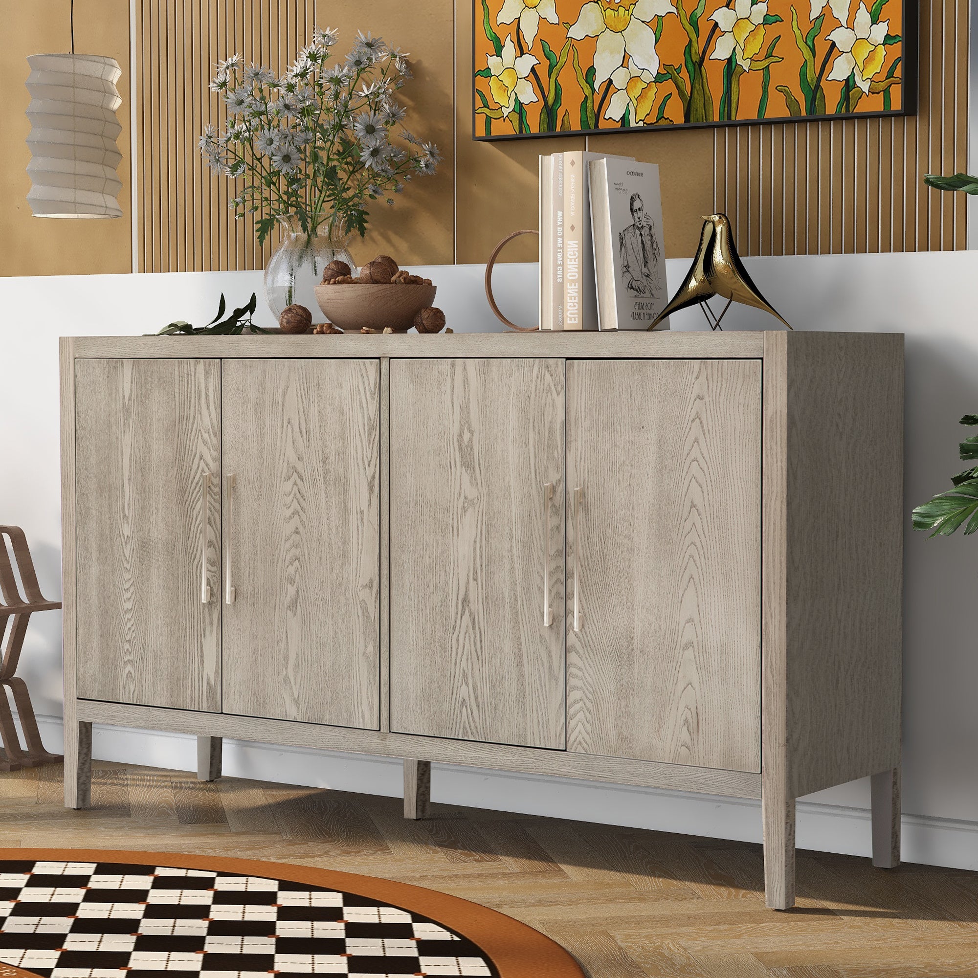 U-STYLE Storage Cabinet Sideboard Wooden Cabinet with 4 Metal handles ,4 Shelves and 4 Doors for Hallway, Entryway, Living room