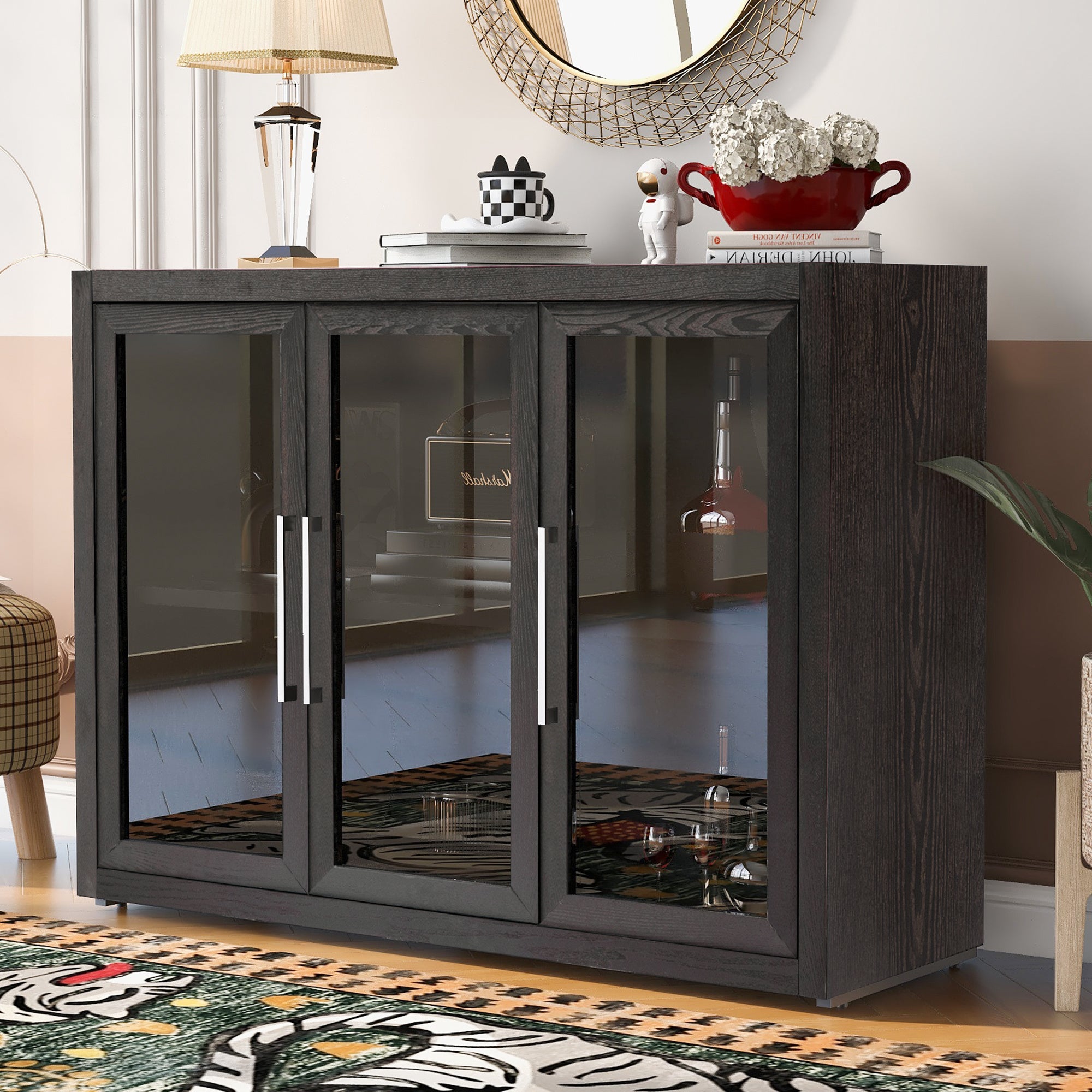 U-Style Wood Storage Cabinet with Three Tempered Glass Doors and Adjustable Shelf,Suitable for Living Room,Study and Entrance