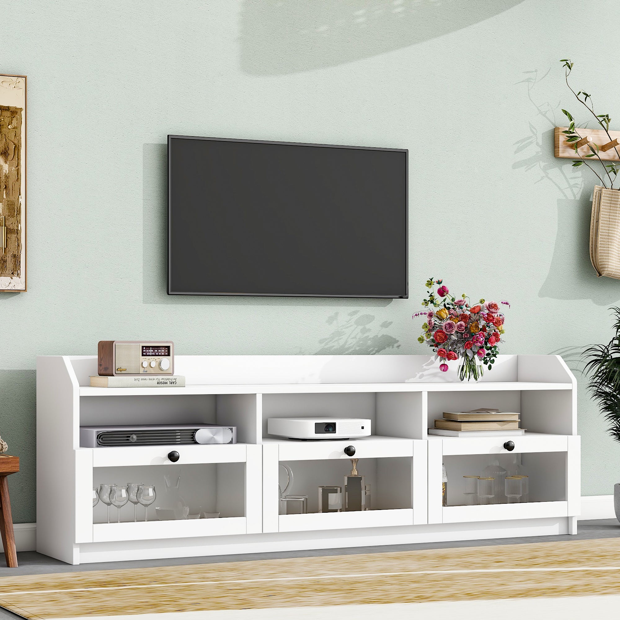 ON-TREND Sleek & Modern Design TV Stand with Acrylic Board Door, Chic Elegant Media Console for TVs Up to 65", Ample Storage Space TV Cabinet with Black Handles, White