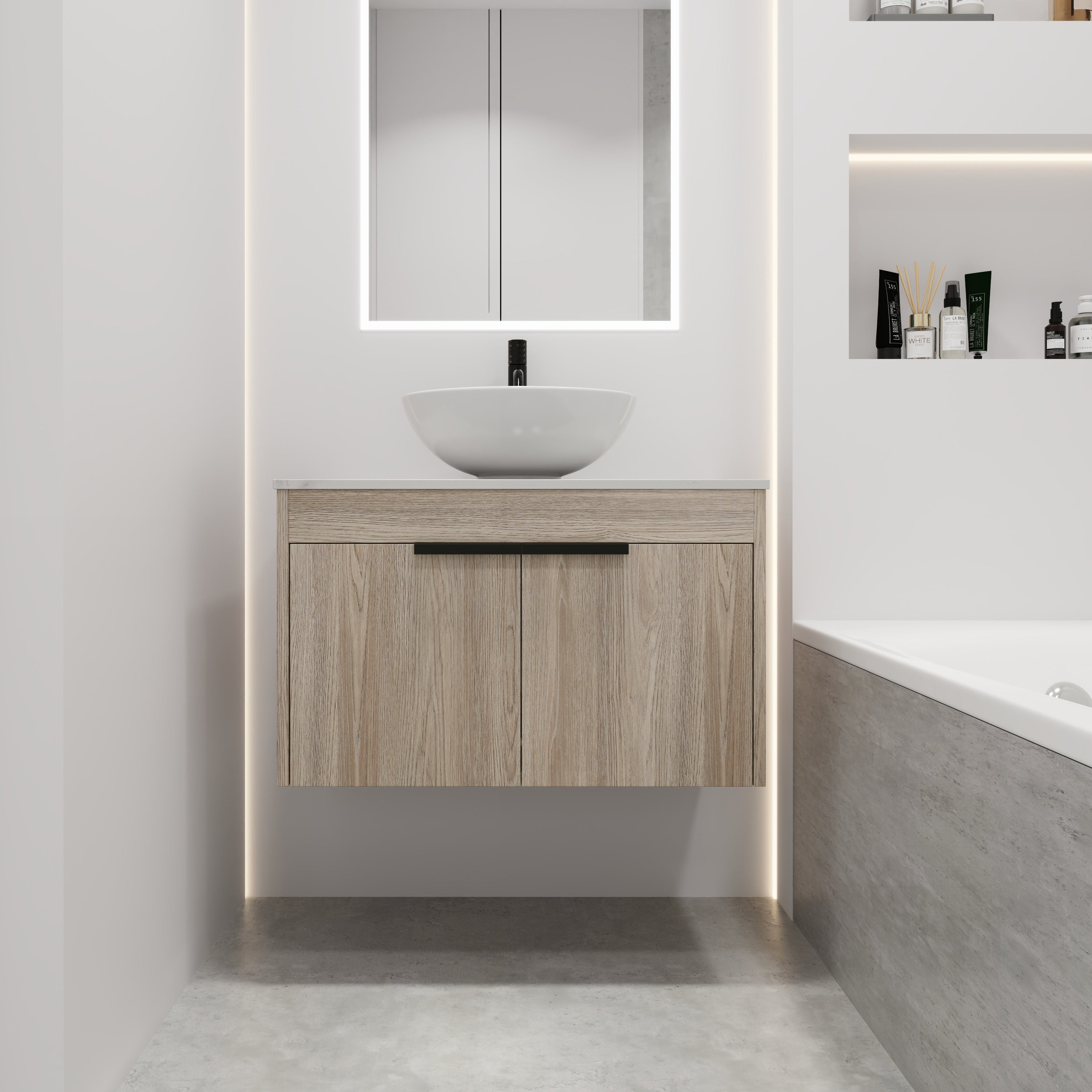 30 " Modern Design Float Bathroom Vanity With Ceramic Basin Set, Wall Mounted White Oak Vanity With Soft Close Door,KD-Packing,KD-Packing,2 Pieces Parcel(TOP-BAB321MOWH)