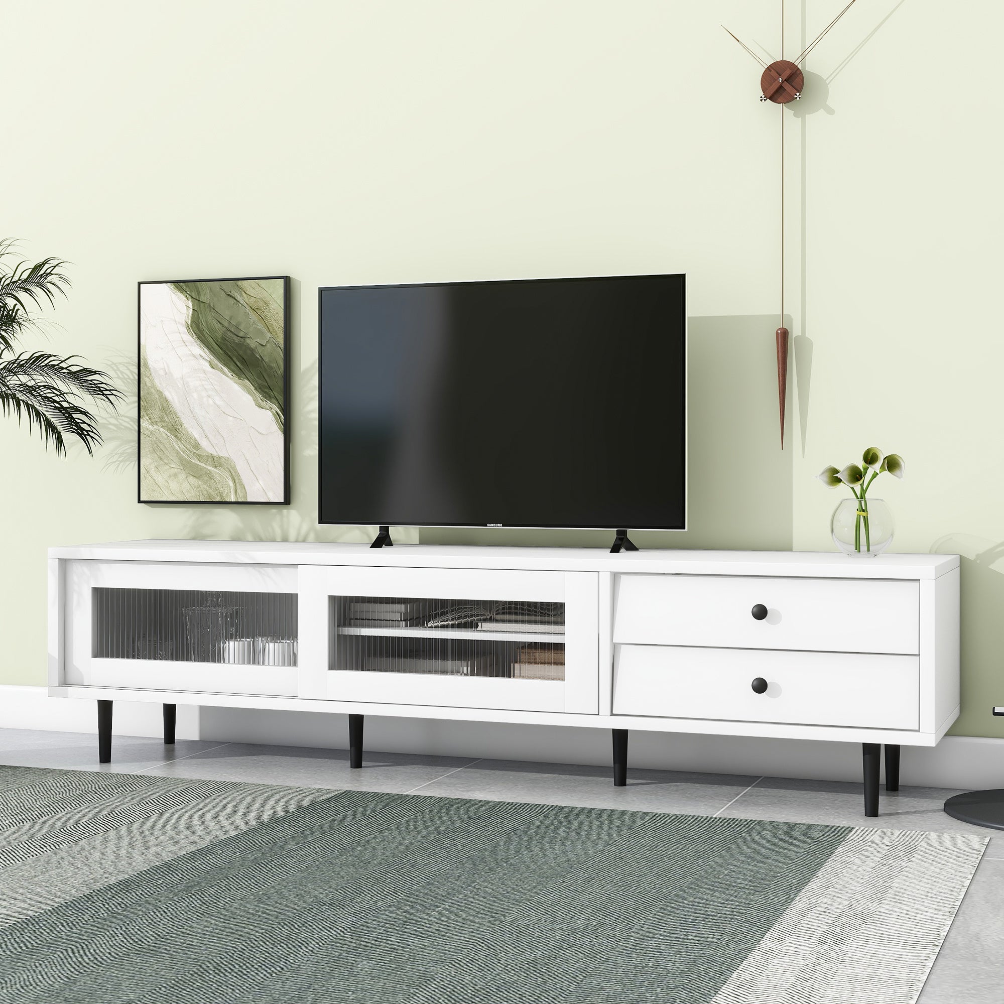 ON-TREND Chic Elegant Design TV Stand with Sliding Fluted Glass Doors, Slanted Drawers Media Console for TVs Up to 75", Modern TV Cabinet with Ample Storage Space, White