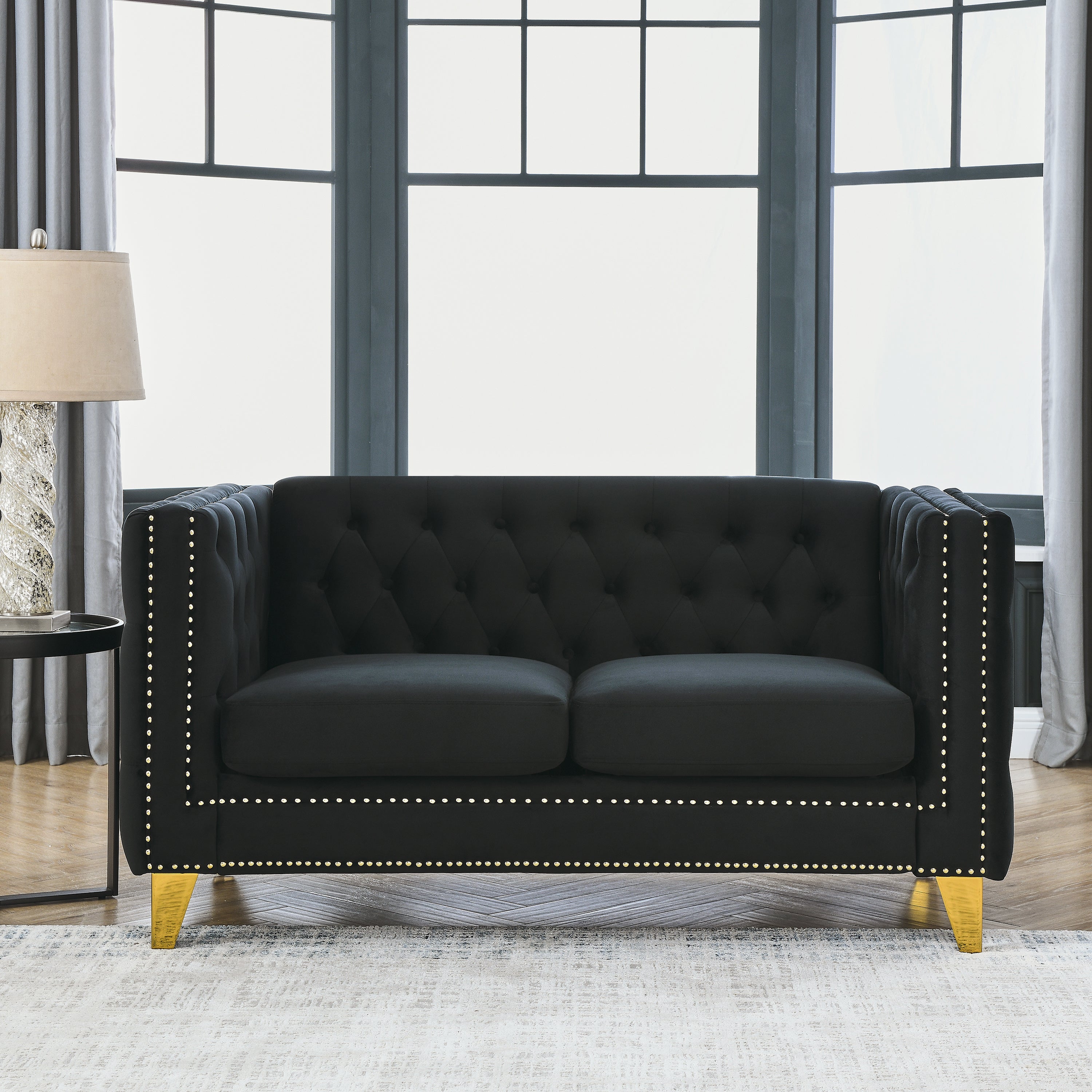 {Contact us for 3D modeling} Velvet Sofa for Living Room,Buttons Tufted Square Arm Couch, Modern Couch Upholstered Button and Metal Legs, Sofa Couch for Bedroom, Black Velvet-2S(W834S00053)