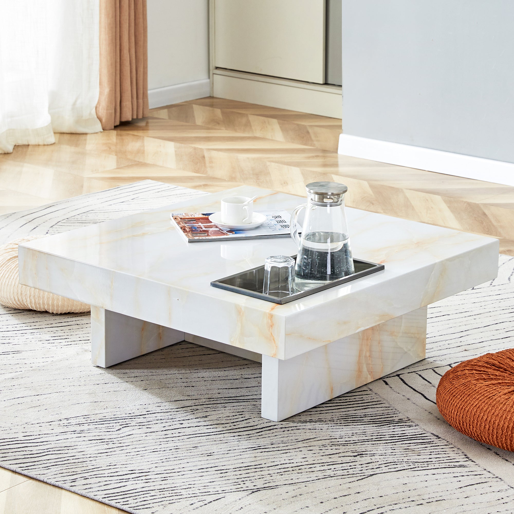 A modern and practical coffee table with imitation marble patterns, made of MDF material. The fusion of elegance and natural fashion 31.4"* 31.4"* 12 "