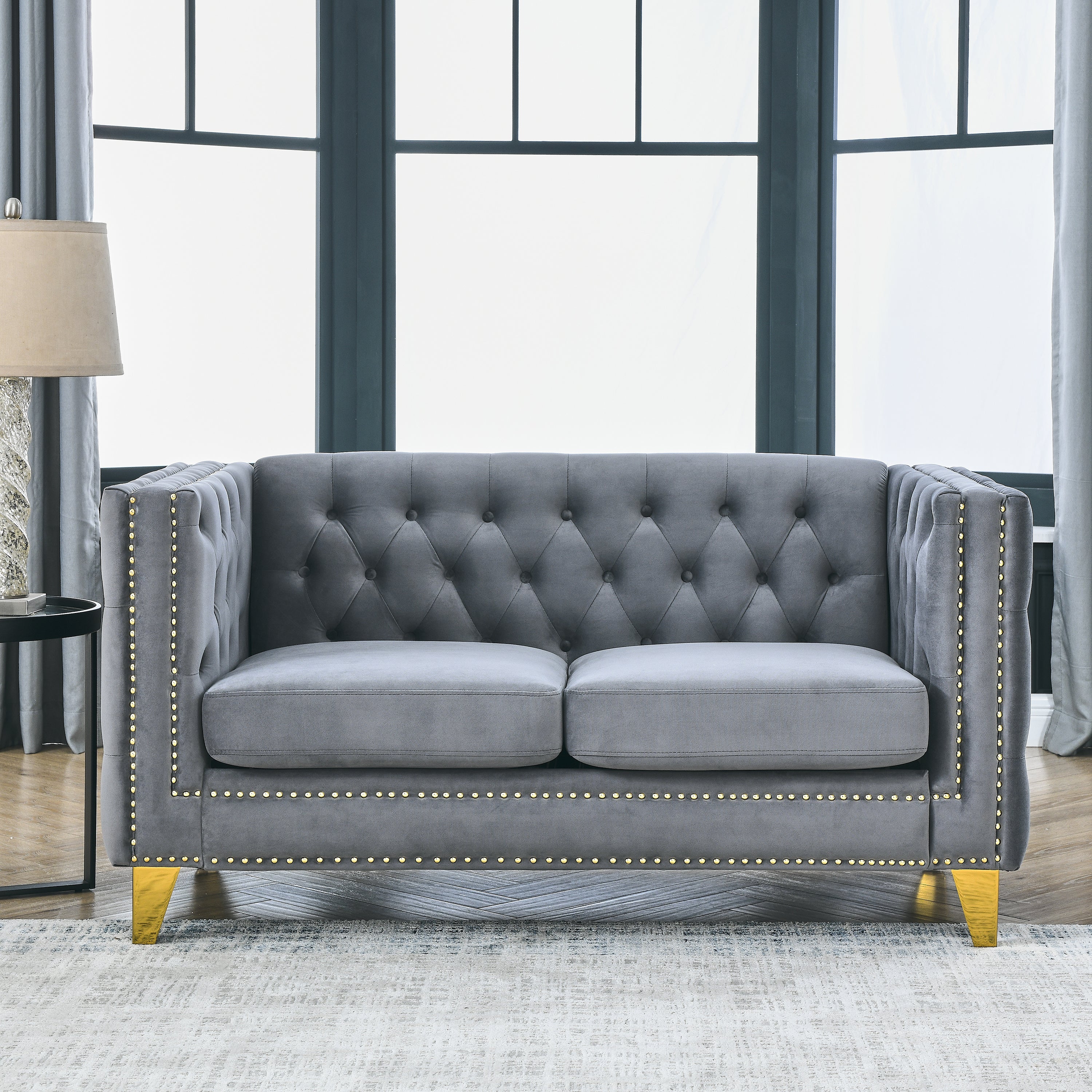 {Contact us for 3D modeling} Velvet Sofa for Living Room,Buttons Tufted Square Arm Couch, Modern Couch Upholstered Button and Metal Legs, Sofa Couch for Bedroom, Grey Velvet-2S(W834S00051)