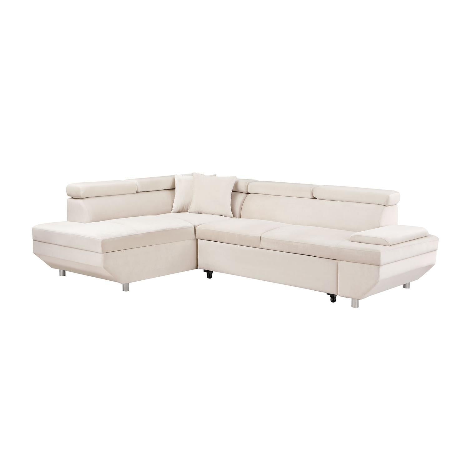 L Shape Sofa, Sleeper Sofa 2 in 1 Pull Out Couch Bed, Face Right Pull-out Bed for Living Room, Metal Legs, Velvet Beige