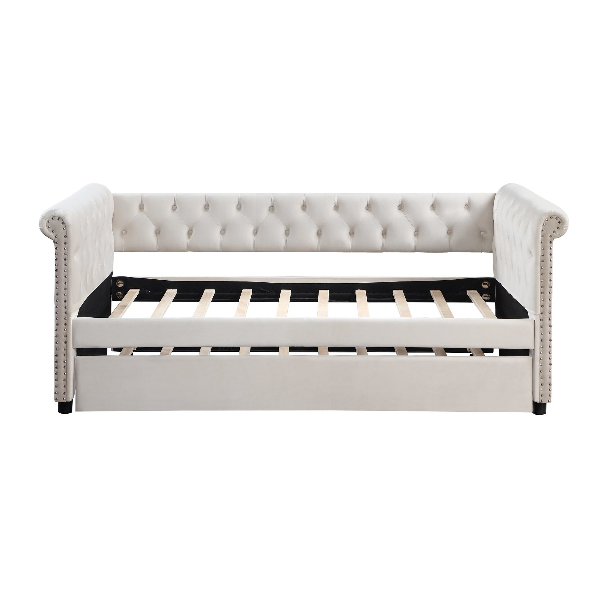 Daybed with Trundle Upholstered Tufted Sofa Bed, with Beautiful Round Armset Design, TWIN SIZE, Beige