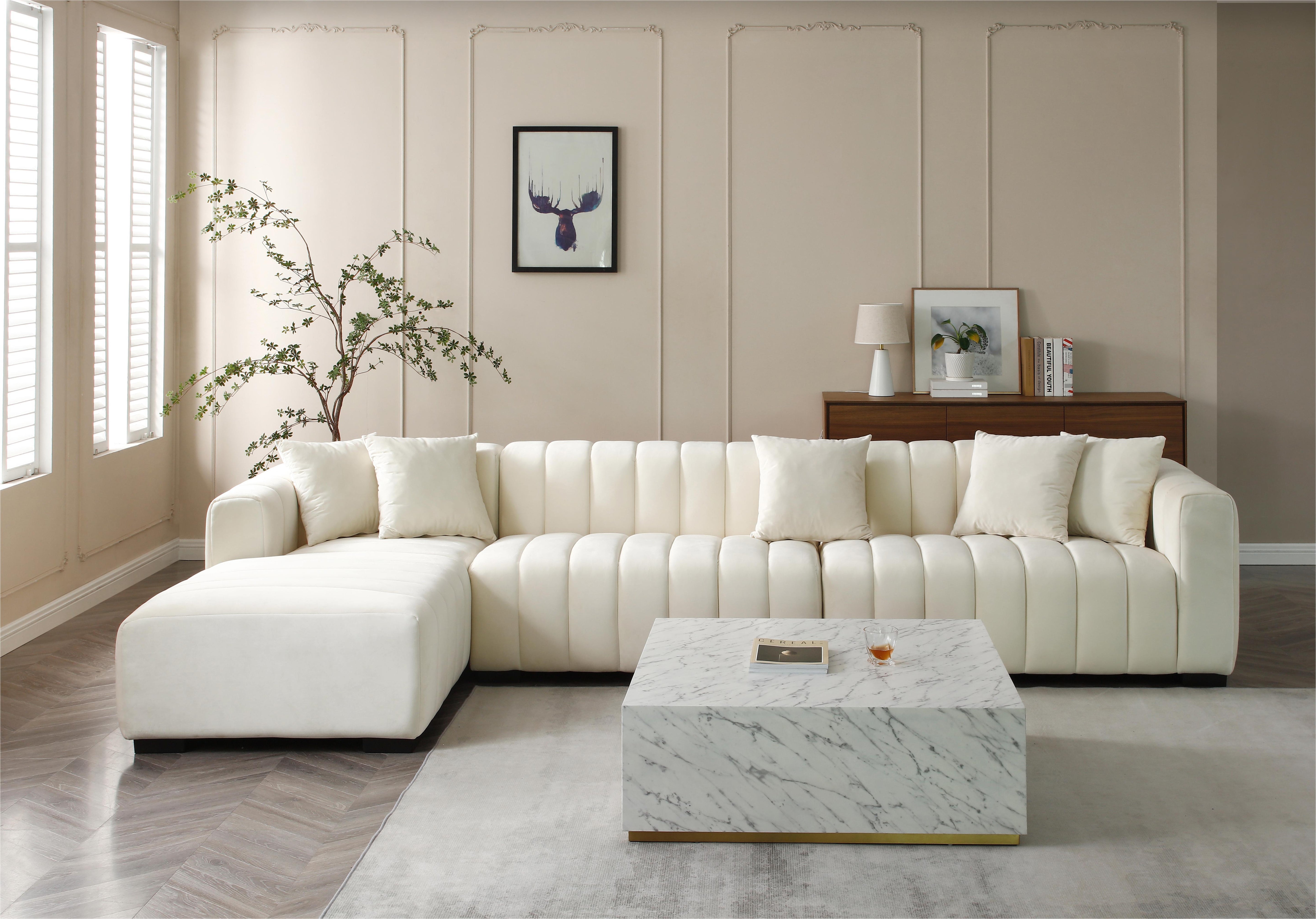 139'' Channel Tufted Sofa Velvet Upholstered Left Chaise Modular Sofa beige