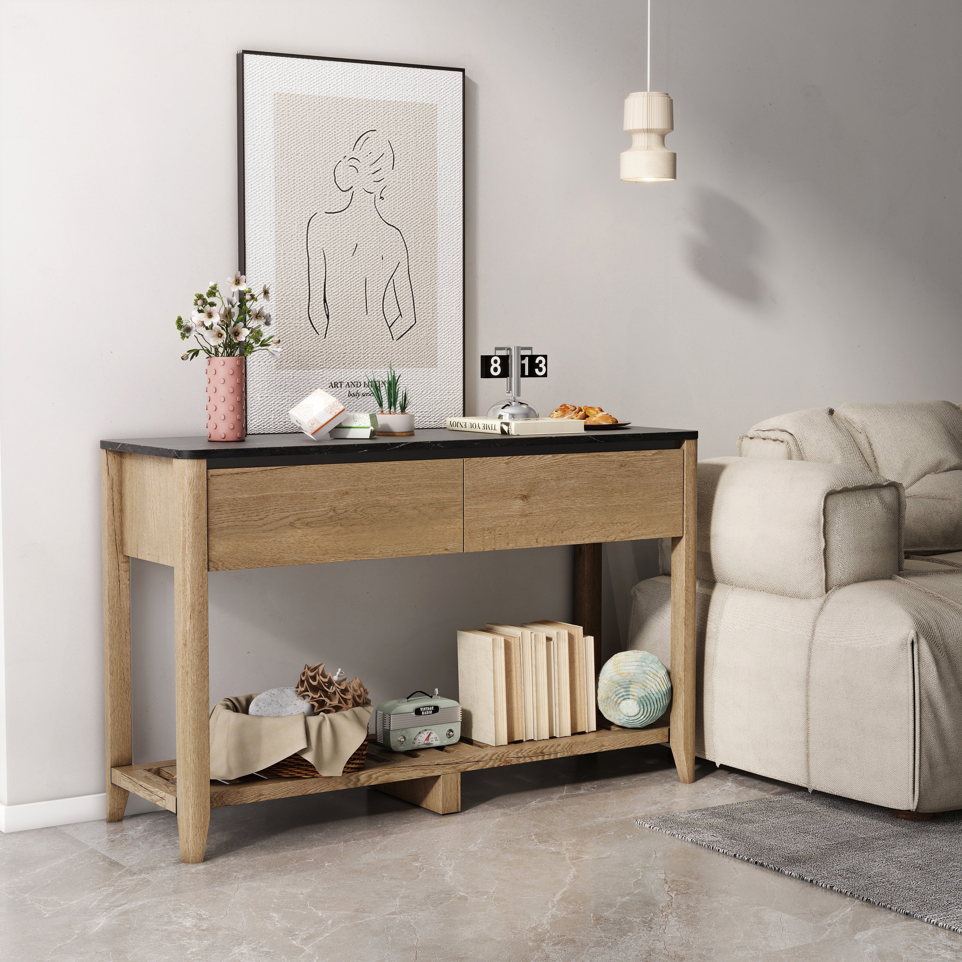 47 Inch Modern Farmhouse Double Drawers Console Table for Living Room or Entryway, Tobacco Wood and Black Marble Texture