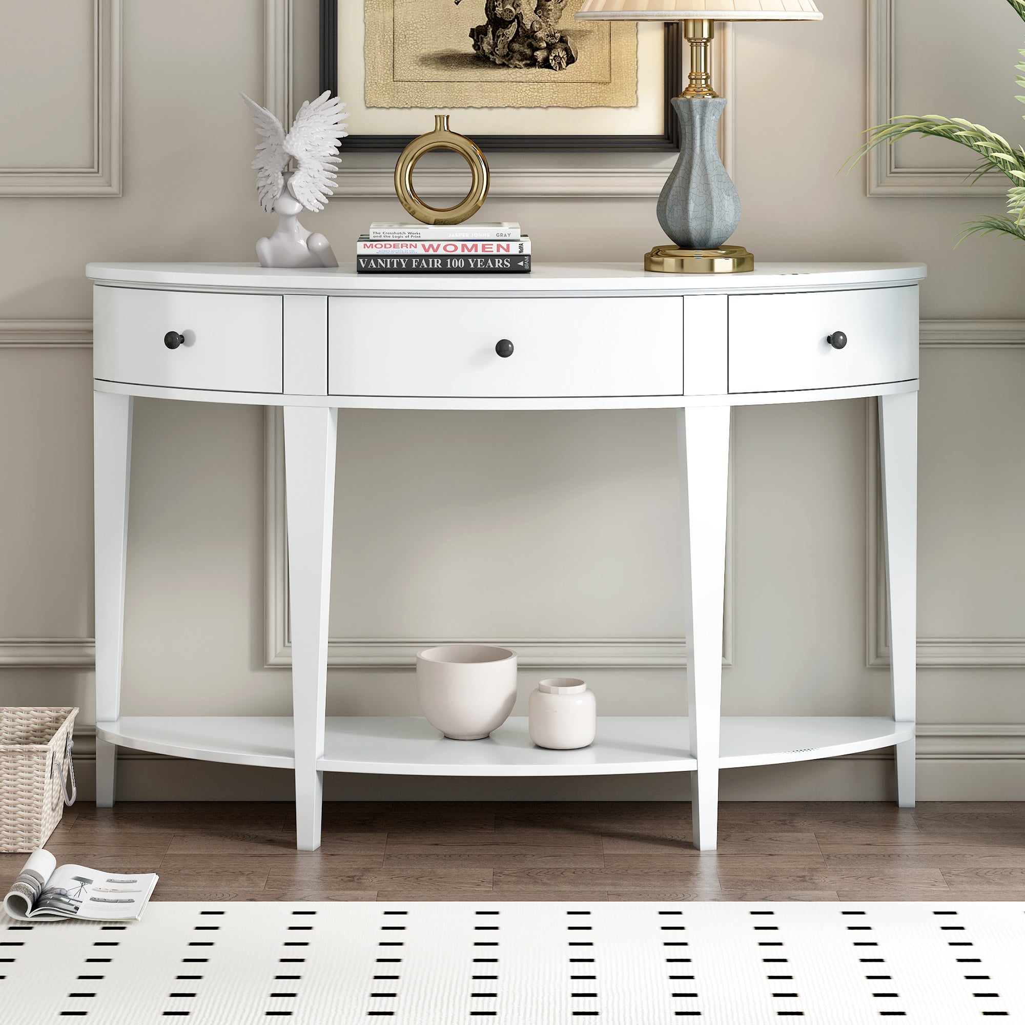 U-Style Modern Curved Console Table Sofa Table with 3 drawers and 1 Shelf for Hallway, Entryway, Living Room