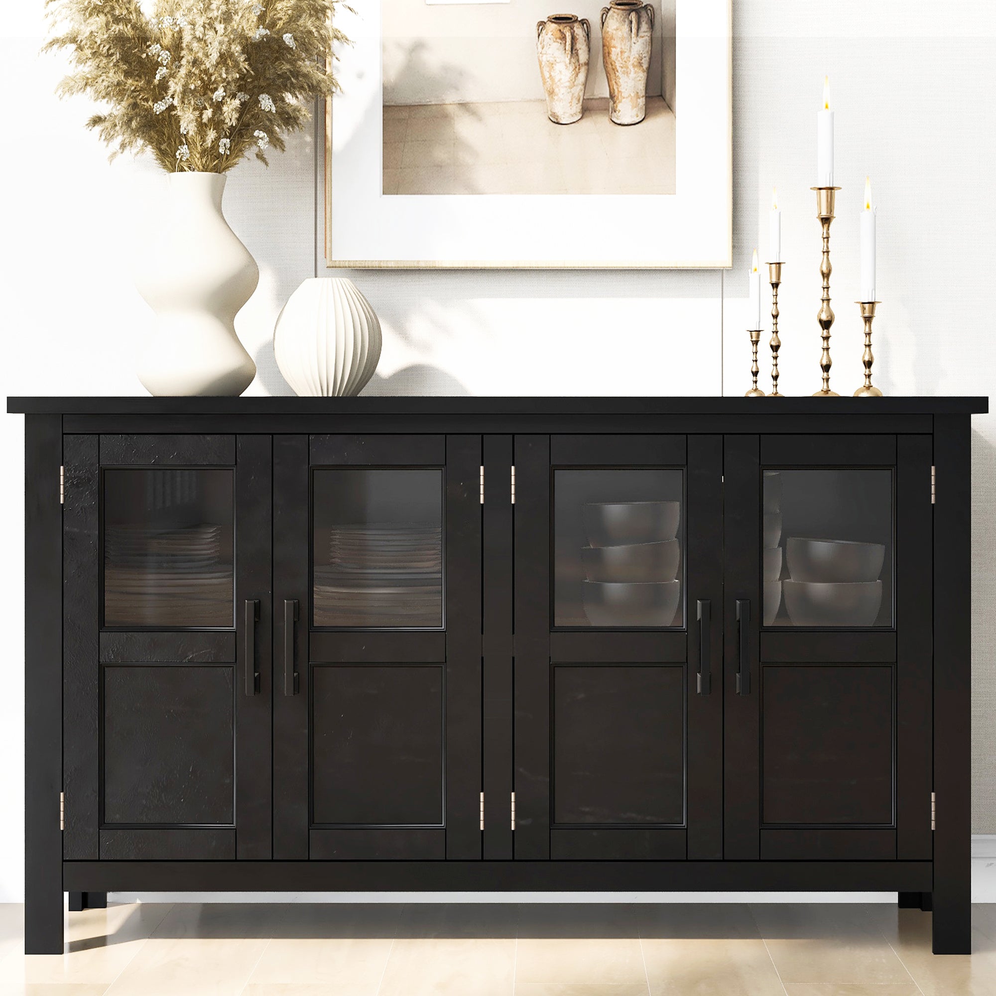 U_Style Featured Four-door Storage Cabinet with Adjustable Shelf and Acacia Venner , Suitable for Entryway, Living Room, Study Room