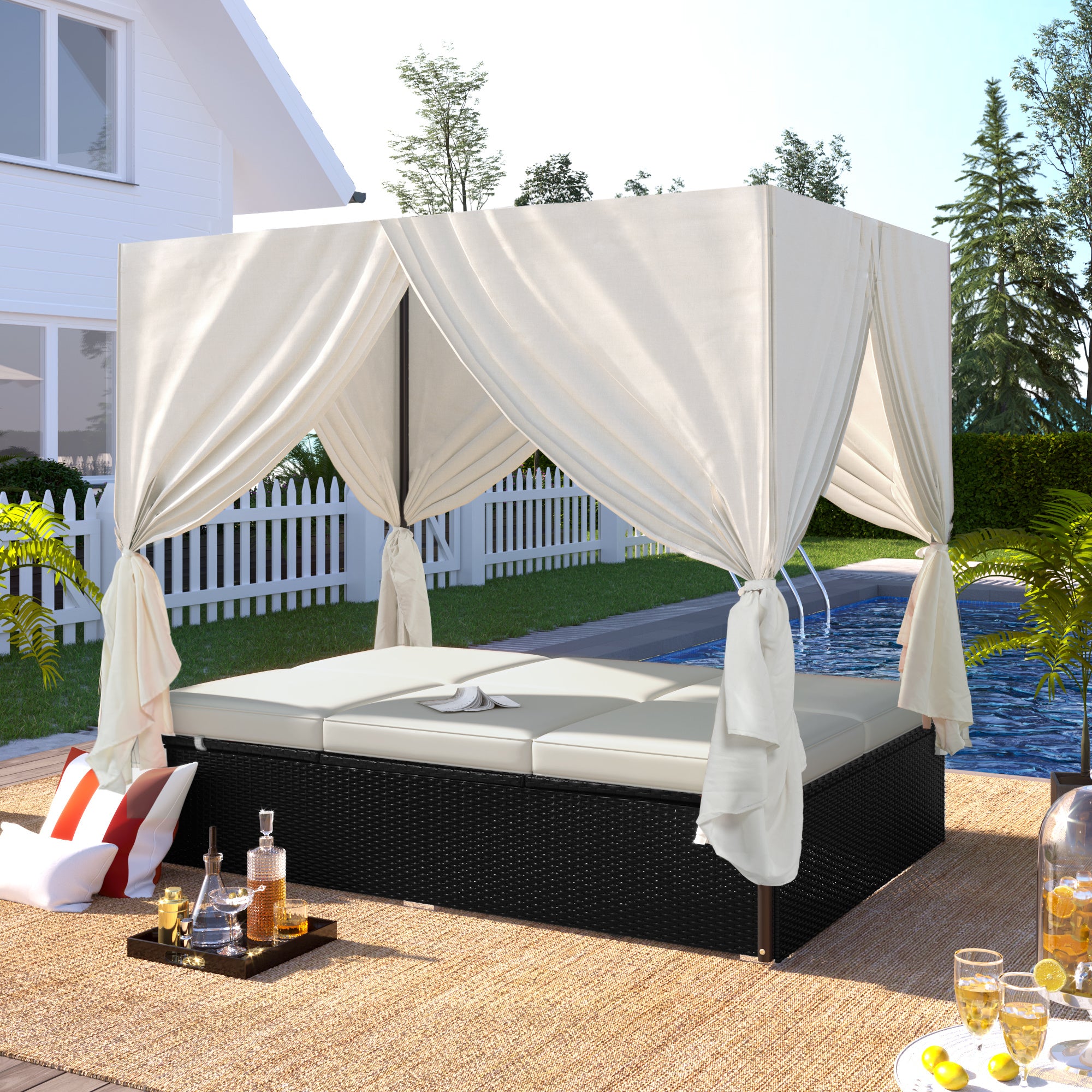 U_STYLE Outdoor Patio Wicker Sunbed Daybed with Cushions, Adjustable Seats