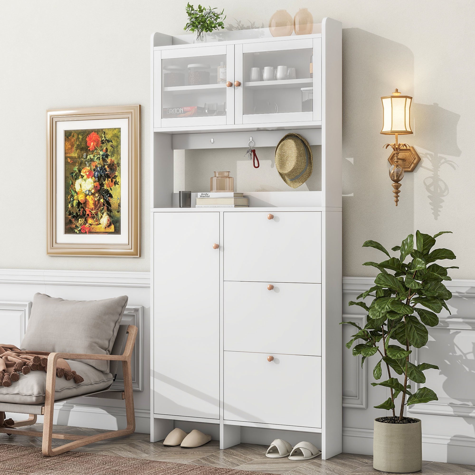 [VIDEO provided] ON-TREND Shoe Cabinet with Open Storage Space, Practical Hall Tree with 3 Flip Drawers, Multi-functional & Integrated Foyer Cabinet with Tempered Glass Doors for Hallway, White