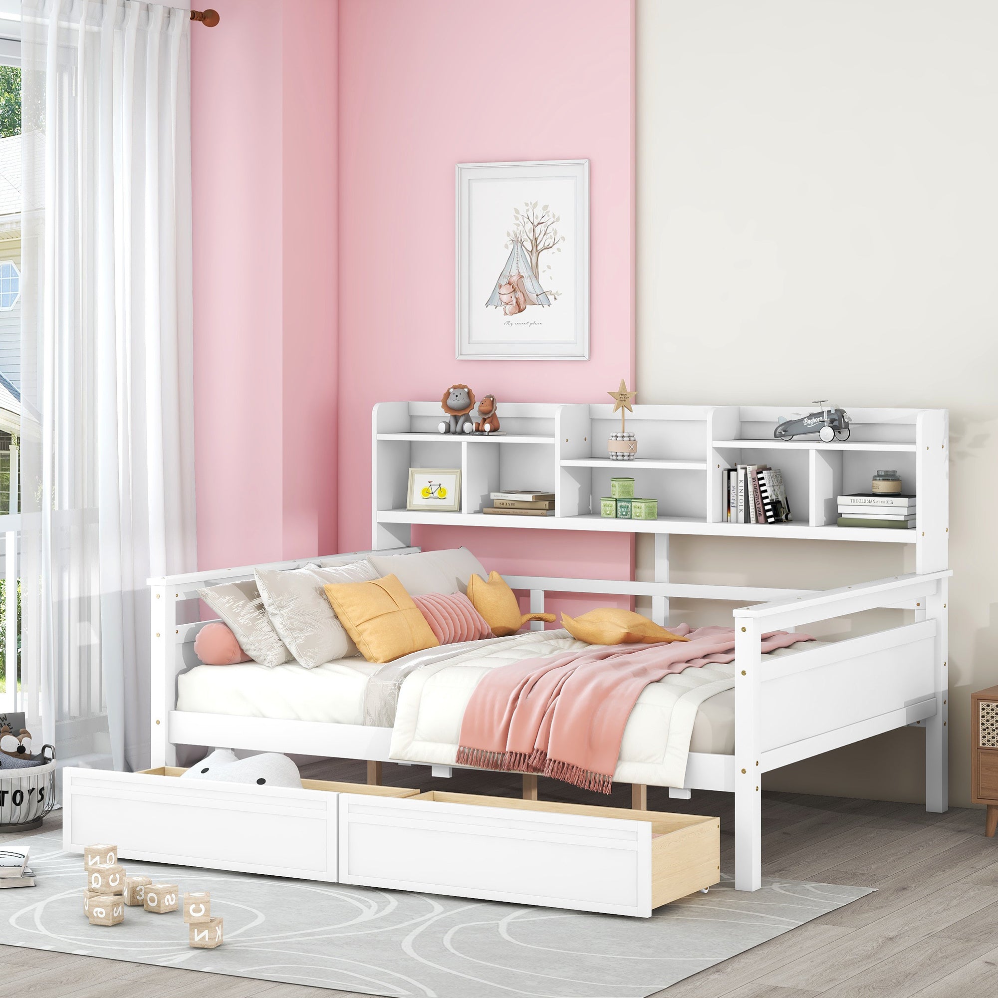 Full size Daybed, Wood Slat Support, with Bedside Shelf and Two Drawers, White