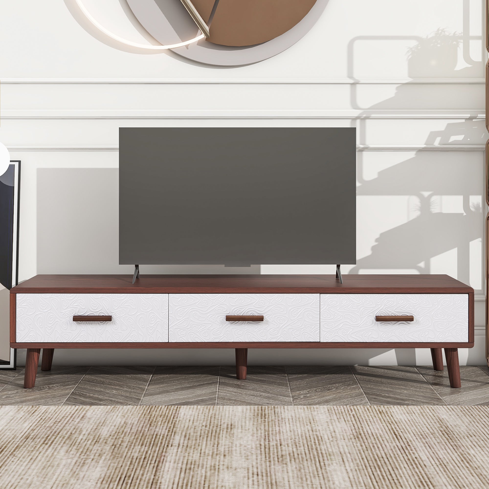 U-Can Modern TV Stand with 3 Drawers Adorned with Embossed Patterns for 65+ Inch TV, Rectangle Entertainment Center with Ample Storage Space for Living Room, Brown+White