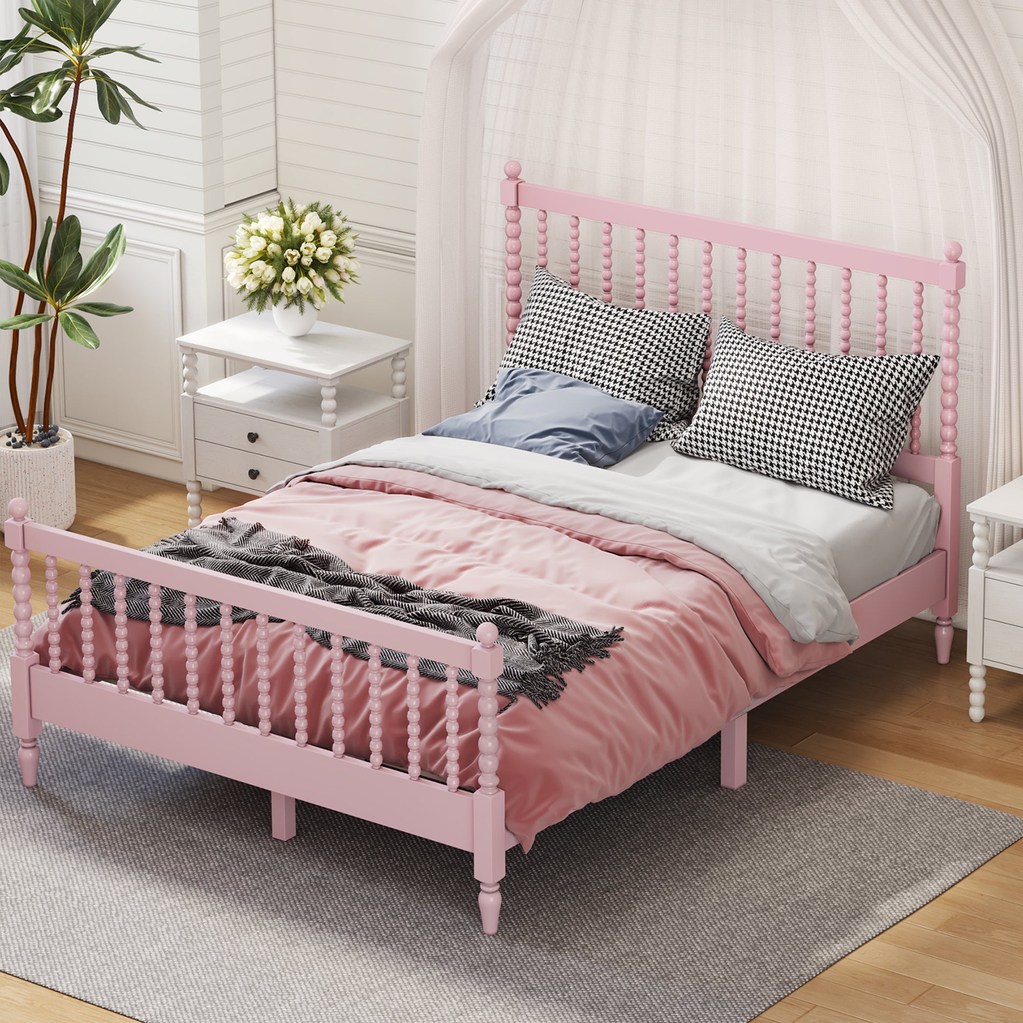 Full Size Wood Platform Bed with Gourd Shaped Headboard and Footboard, Pink