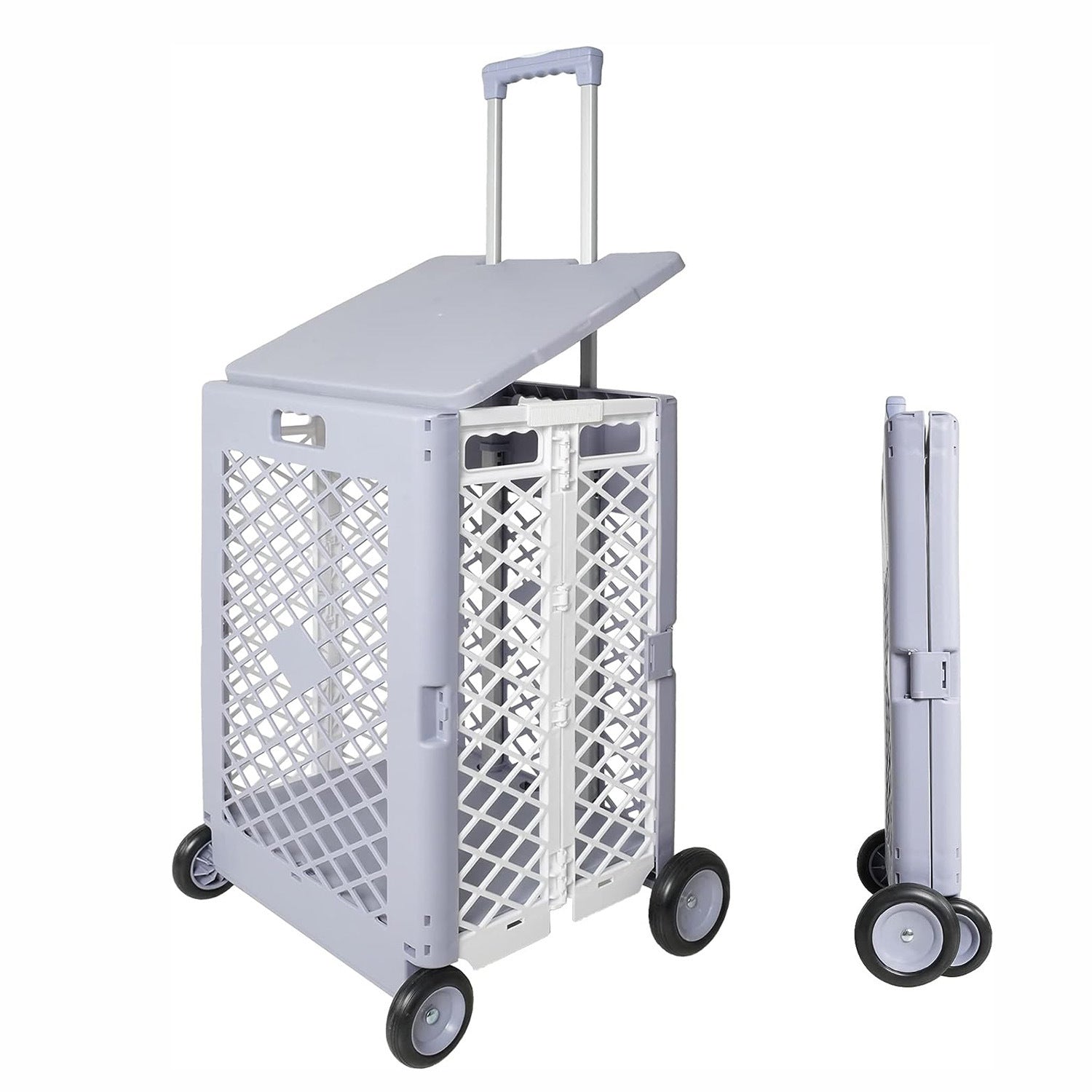 55L Foldable Rolling Cart with Wheels, Portable Updated Utility Tools with Lid Rolling Crate w/ Telescopic Handle, Yellow/Gray