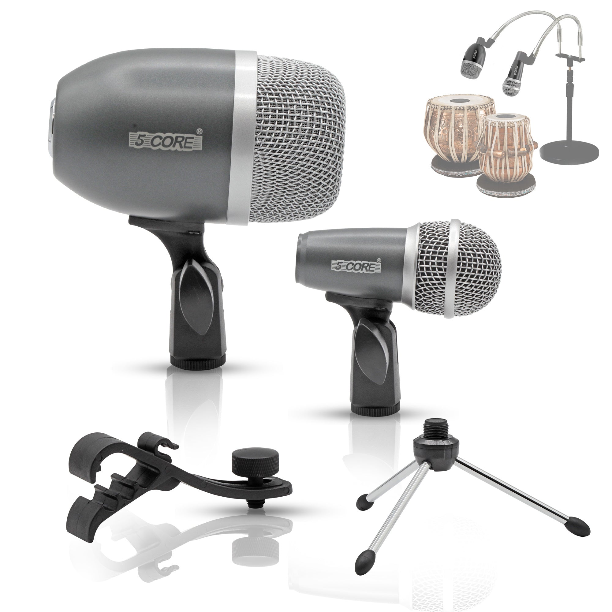 5 Core Tabla Microphone Set • Uni-Directional Bayan Dayan Instrument Mic w Balanced XLR Connection • Mic Mount Tripod Leg Included Black- TABLA MIC