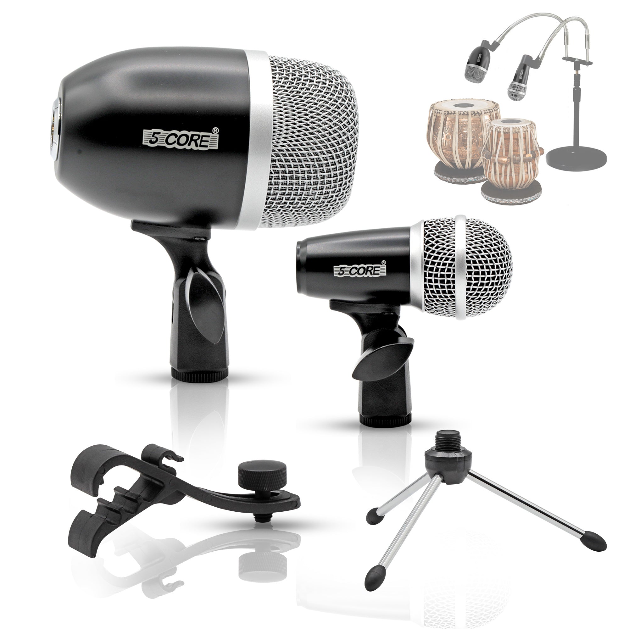 5 Core Tabla Microphone Set • Uni-Directional Bayan Dayan Instrument Mic w Balanced XLR Connection • Mic Mount Tripod Leg Included Black- TABLA MIC