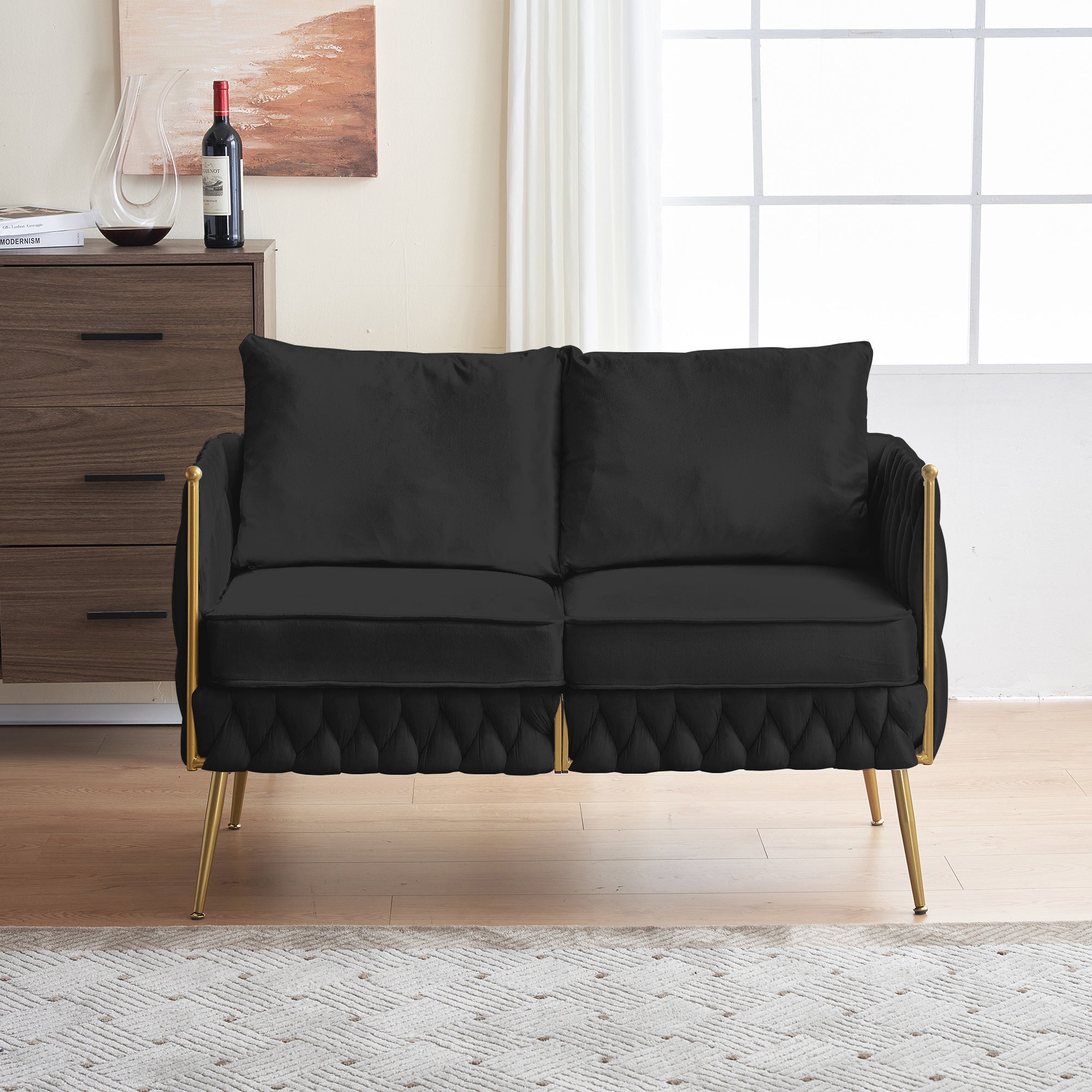 Mid Century Modern Velvet Loveseat Sofa Small Love Seats Handmade Woven & Golden Legs Comfy Couch for Living Room, Upholstered 2 Seater Sofa for Small Apartment , Black Velvet