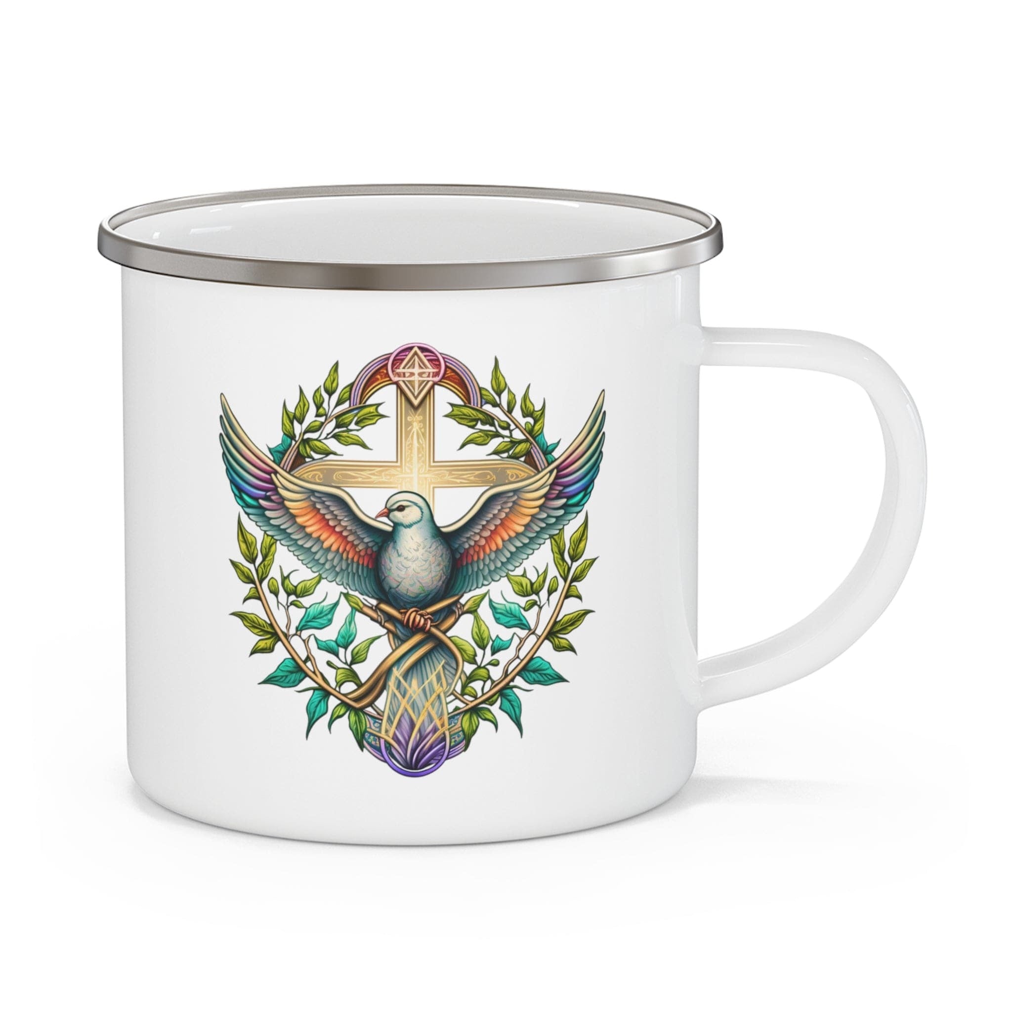 Enamel Camping Mug, Blue Green Multicolor Dove Floral Illustration