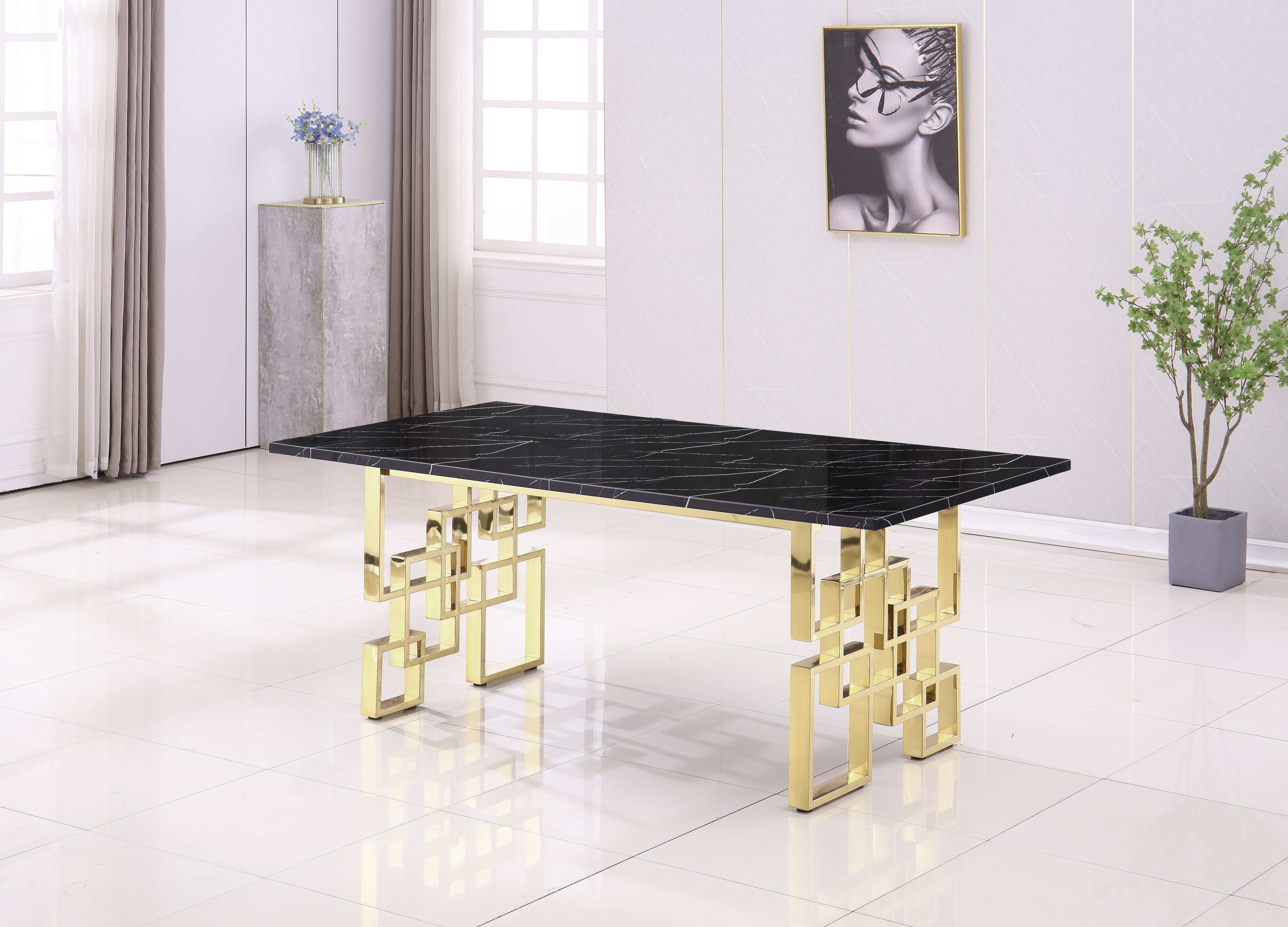 Contemporary Rectangular Marble Table, 0.71" Marble Top, Gold Mirrored Finish, Luxury Design For Home (78.7"x39.4"x29.9")