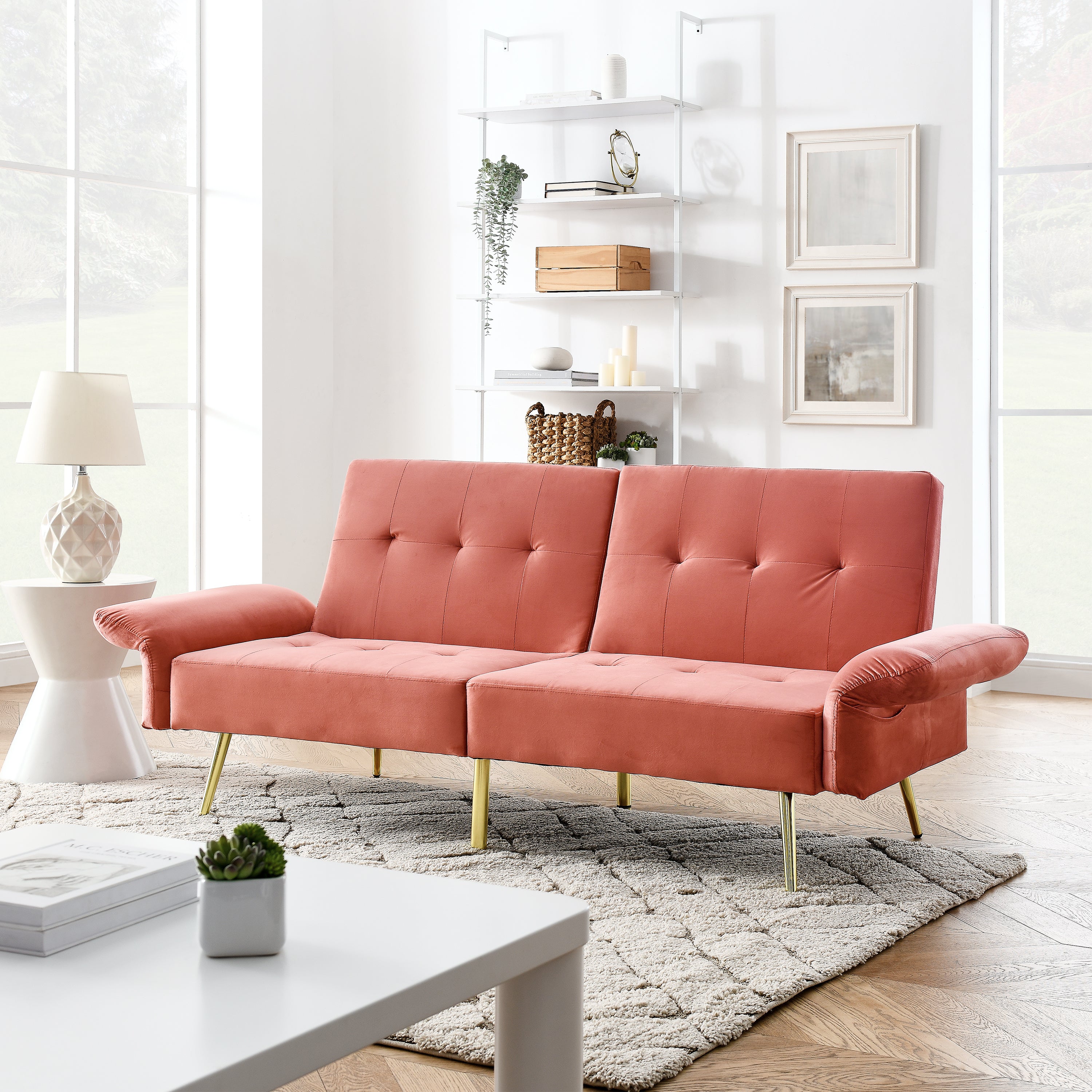 78" Italian Velvet Futon Sofa Bed, Convertible Sleeper Loveseat Couch with Folded Armrests and Storage Bags for Living Room and Small Space, Pink 280g velvet