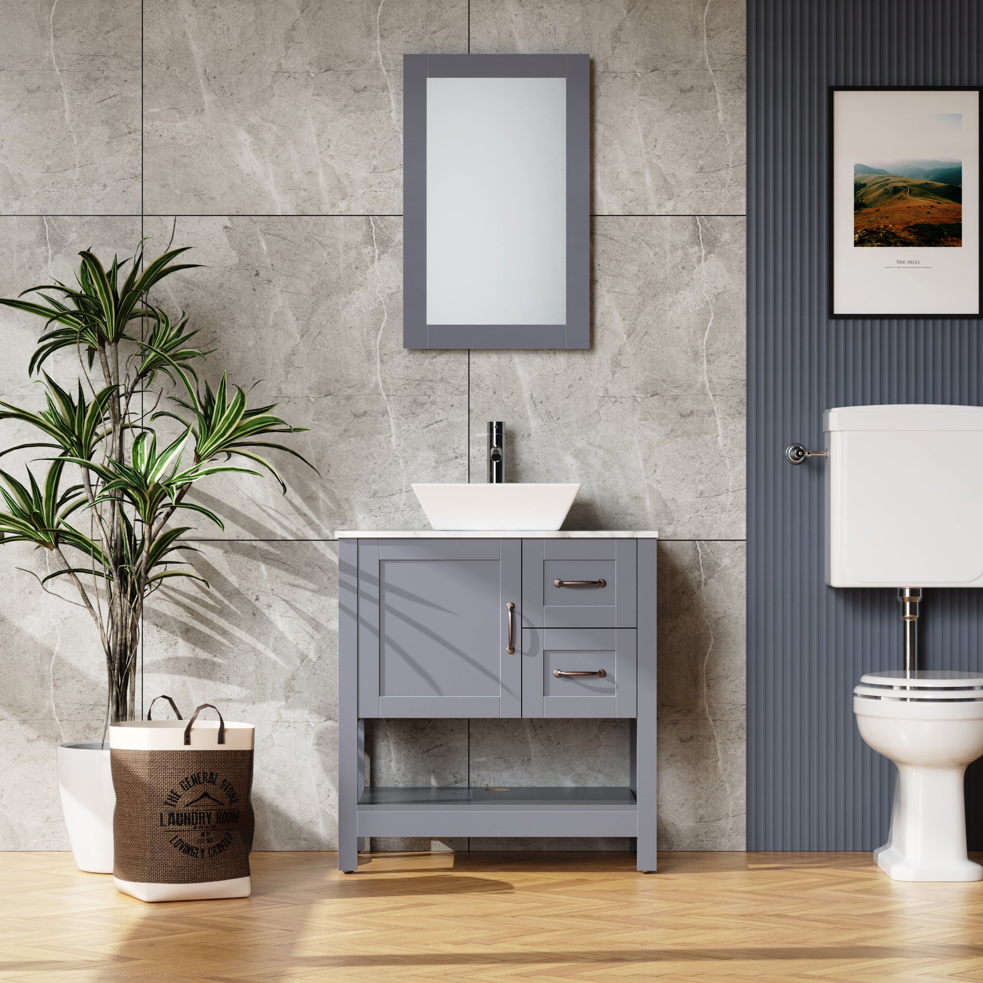 30' Gray Bathroom Vanity and Sink Combo Marble Pattern Top w/Mirror Faucet&Drain