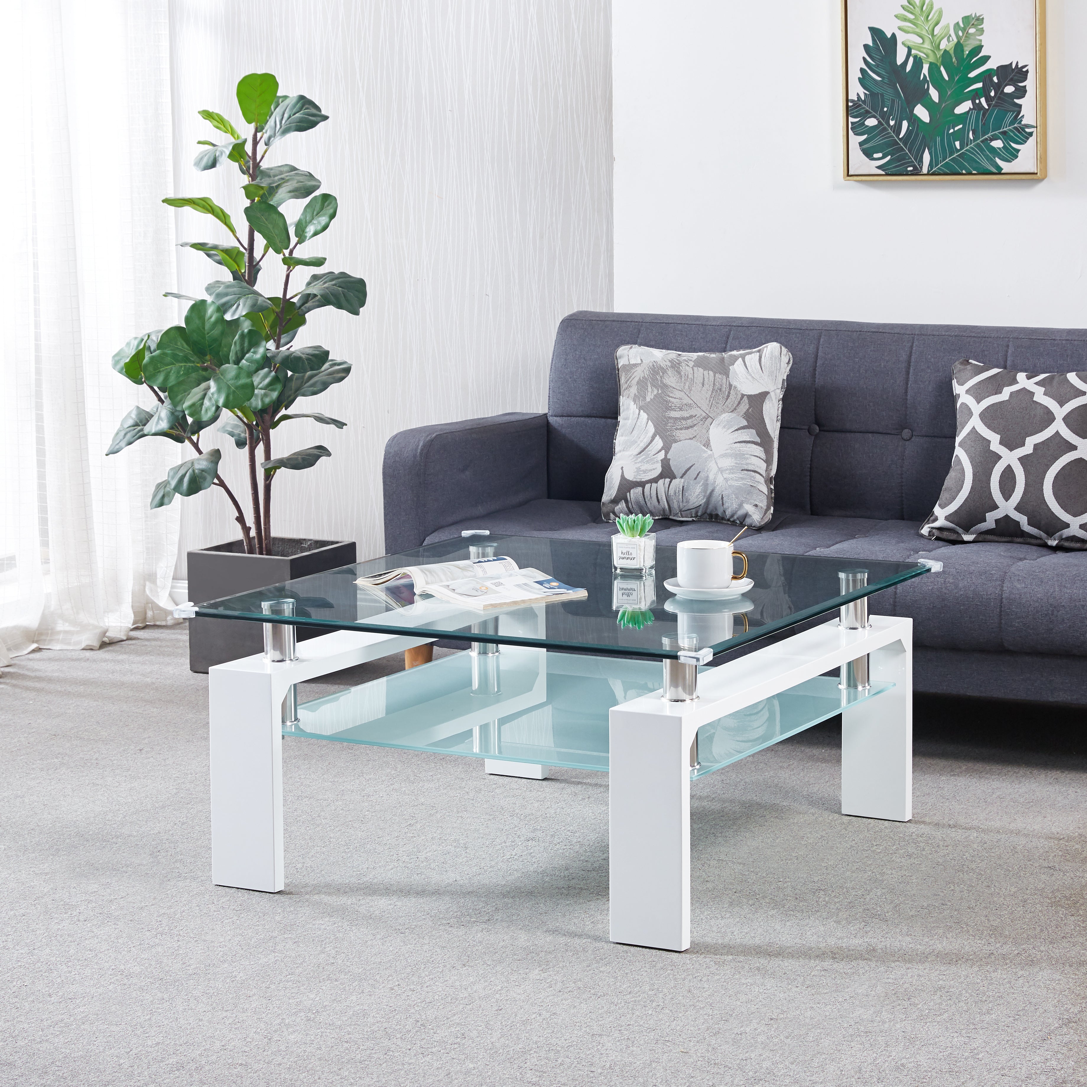 Tempered Glass Top Square Double-Layer Coffee Table with MDF Legs