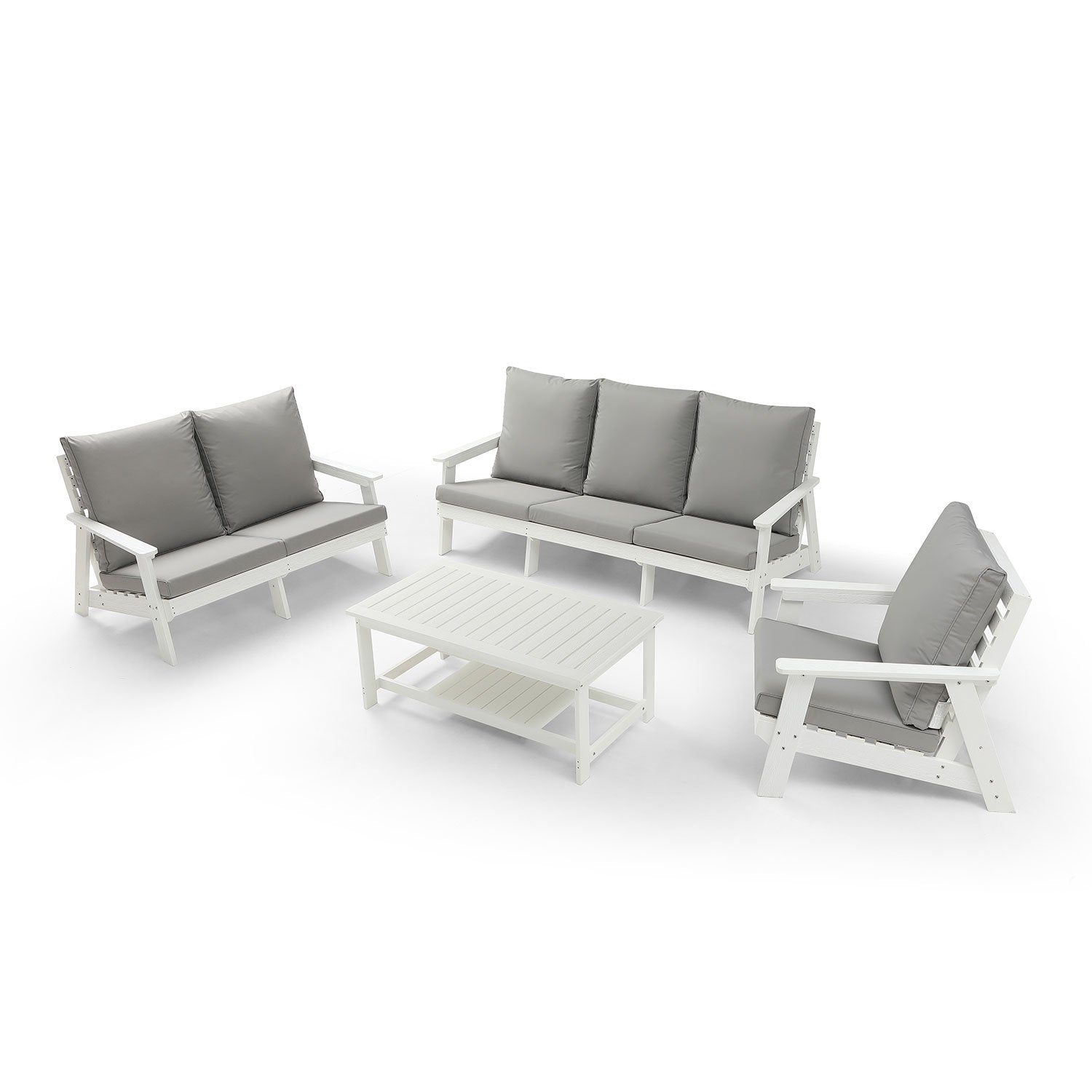 4-Piece Conversation Patio Set, HIPS Weather Resistance Outdoor Sofa and Coffee Table, White/Grey