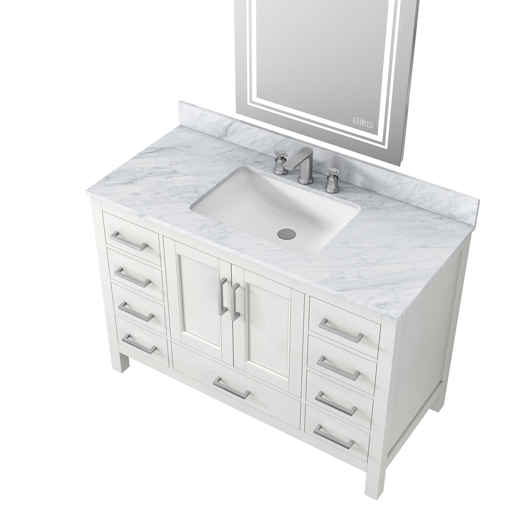 48" White Solid Wood Bathroom Vanity Set with Carrara White Natural Marble, CUPC Ceramic Sink and Three Hole Faucet Hole with Backsplash