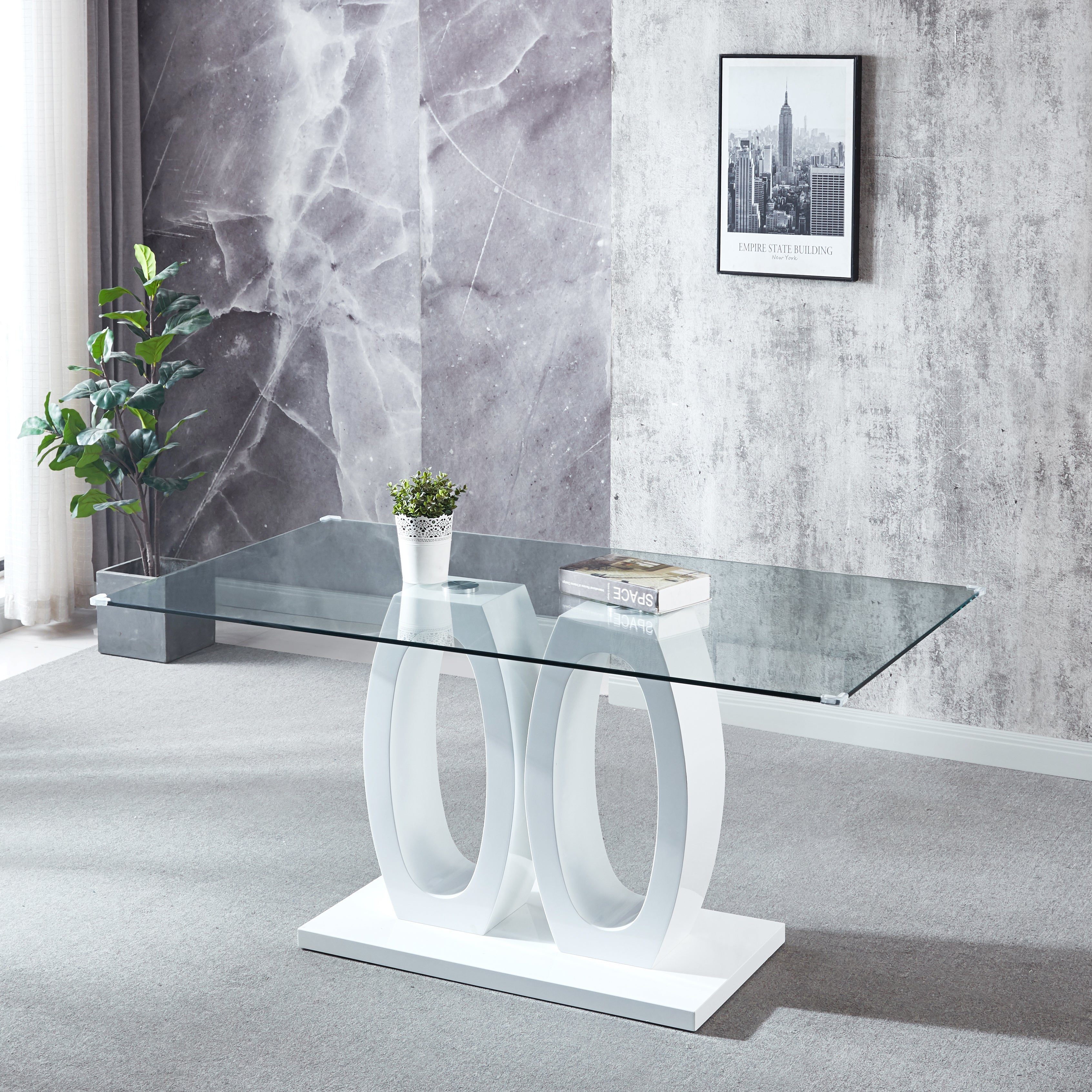 Modern Design MDF Dining Table with White Finish, Clear Glass Top, For 6 People