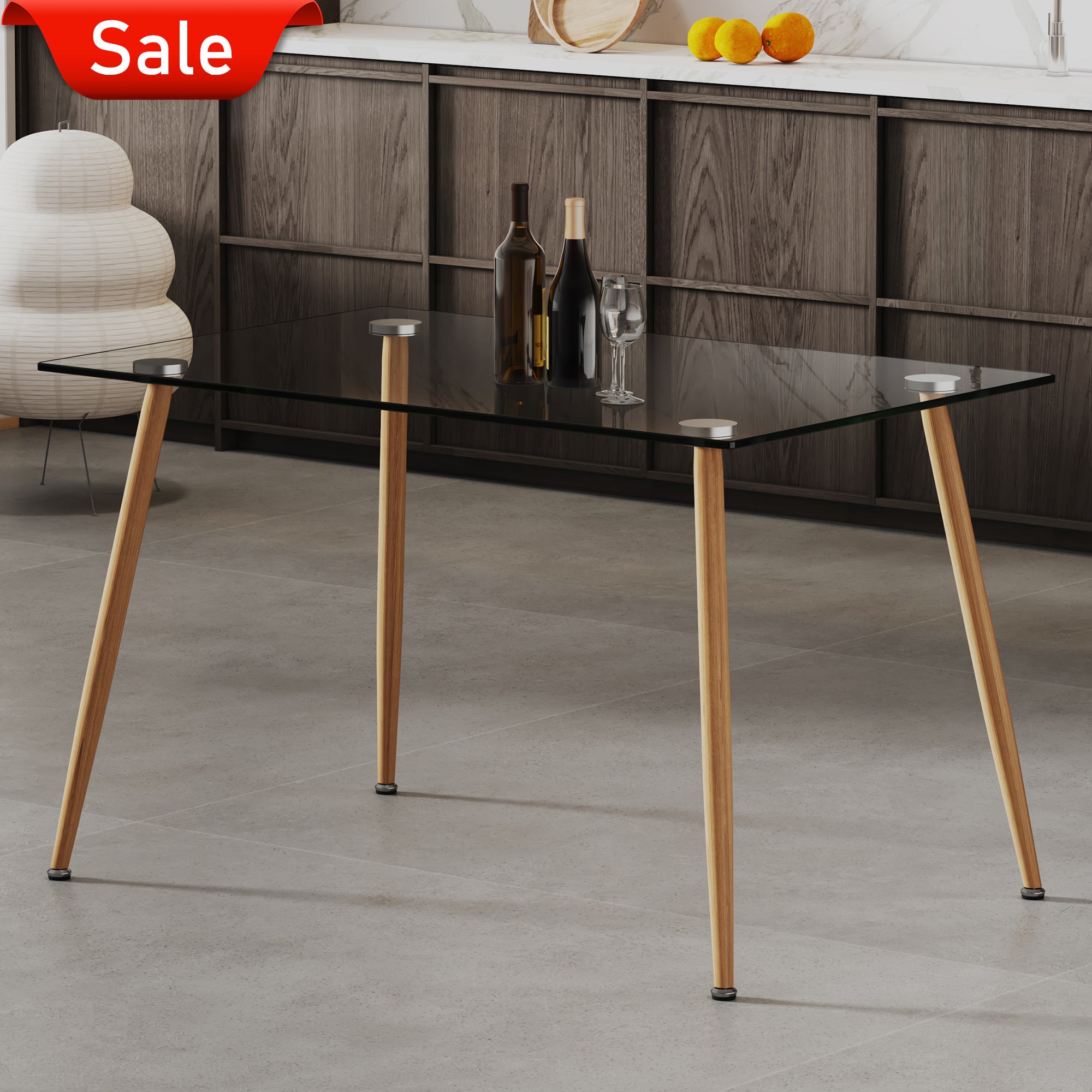 Modern Rectangular Glass Dining Table for 4-6 with 0.31" Tempered Glass Tabletop and Wood colored metal legs, Writing Table Desk,for Kitchen Dining Living Room