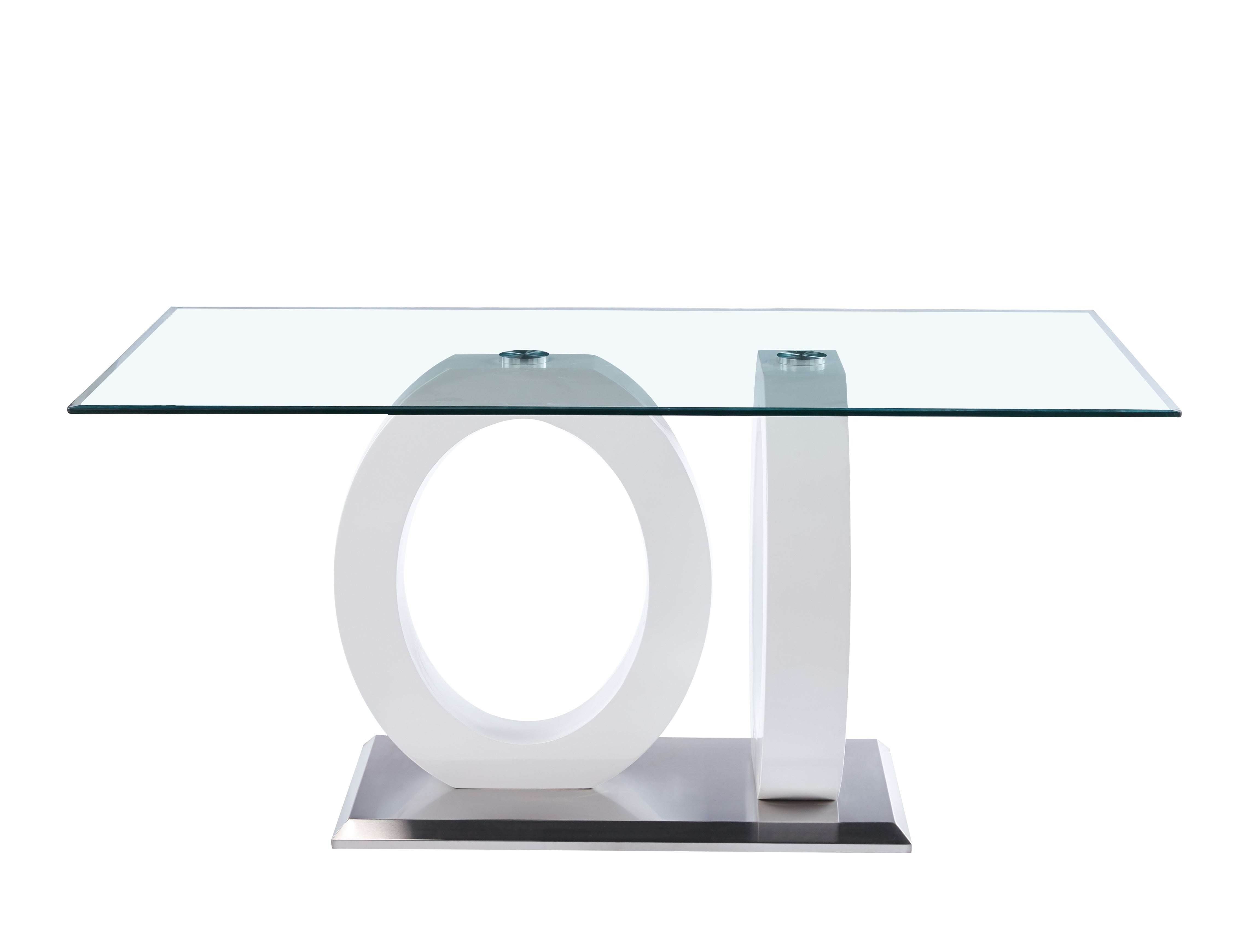 Contemporary Design Tempered Glass Dining Table with White MDF Middle Support and Stainless Steel Base