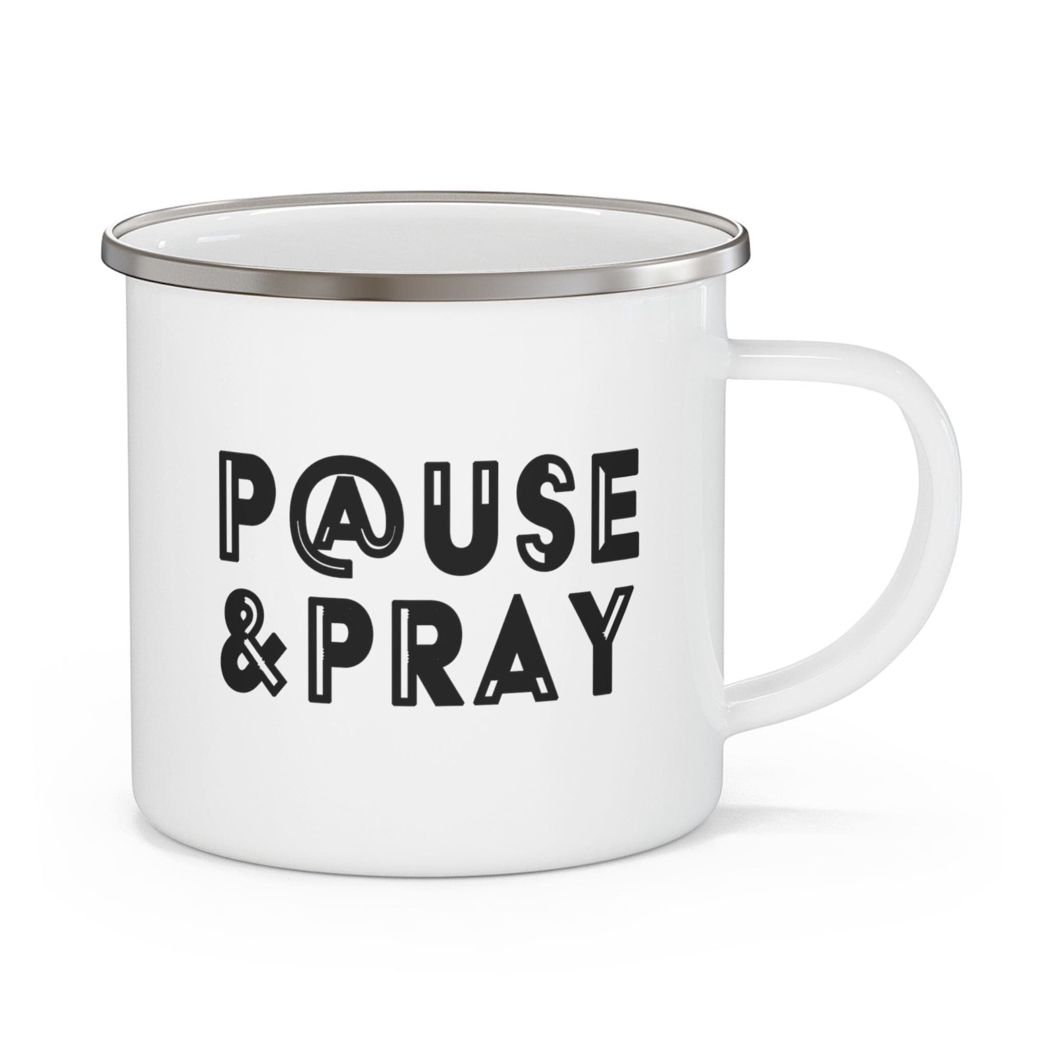 Enamel Camping Mug, Pause And Pray Black Illustration