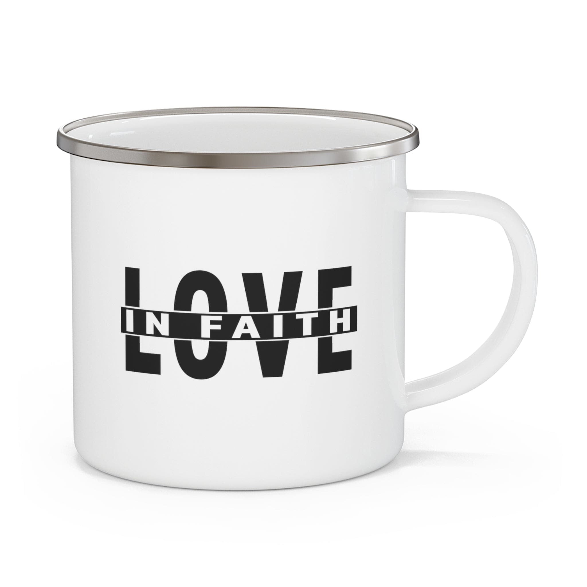 Enamel Camping Mug, Love In Faith Black Illustration