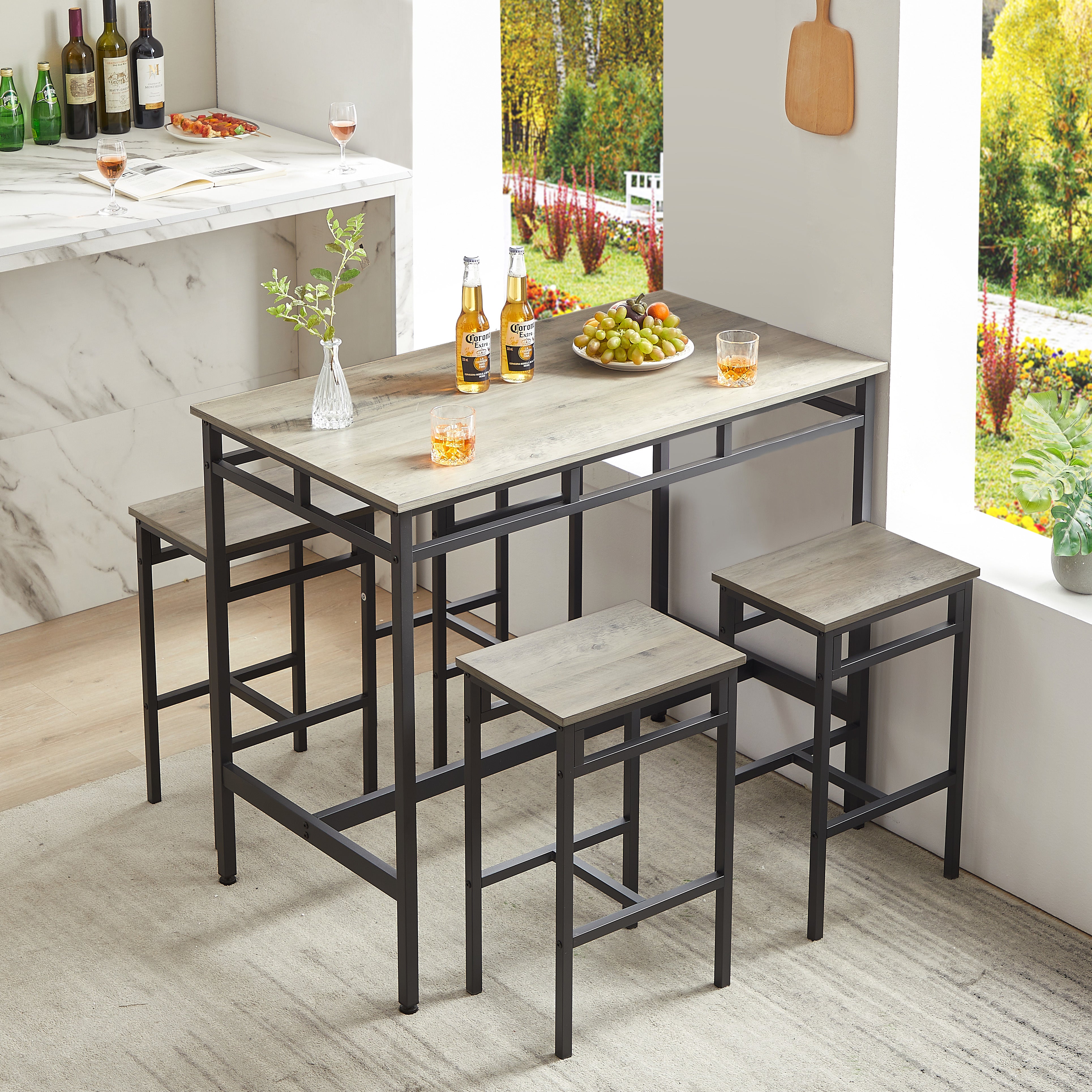 Bar table set 5PC Dinging table set with high stools, structural strengthening, industrial style. Grey, 43.31'' L x 23.62'' W x 35.43'' H.