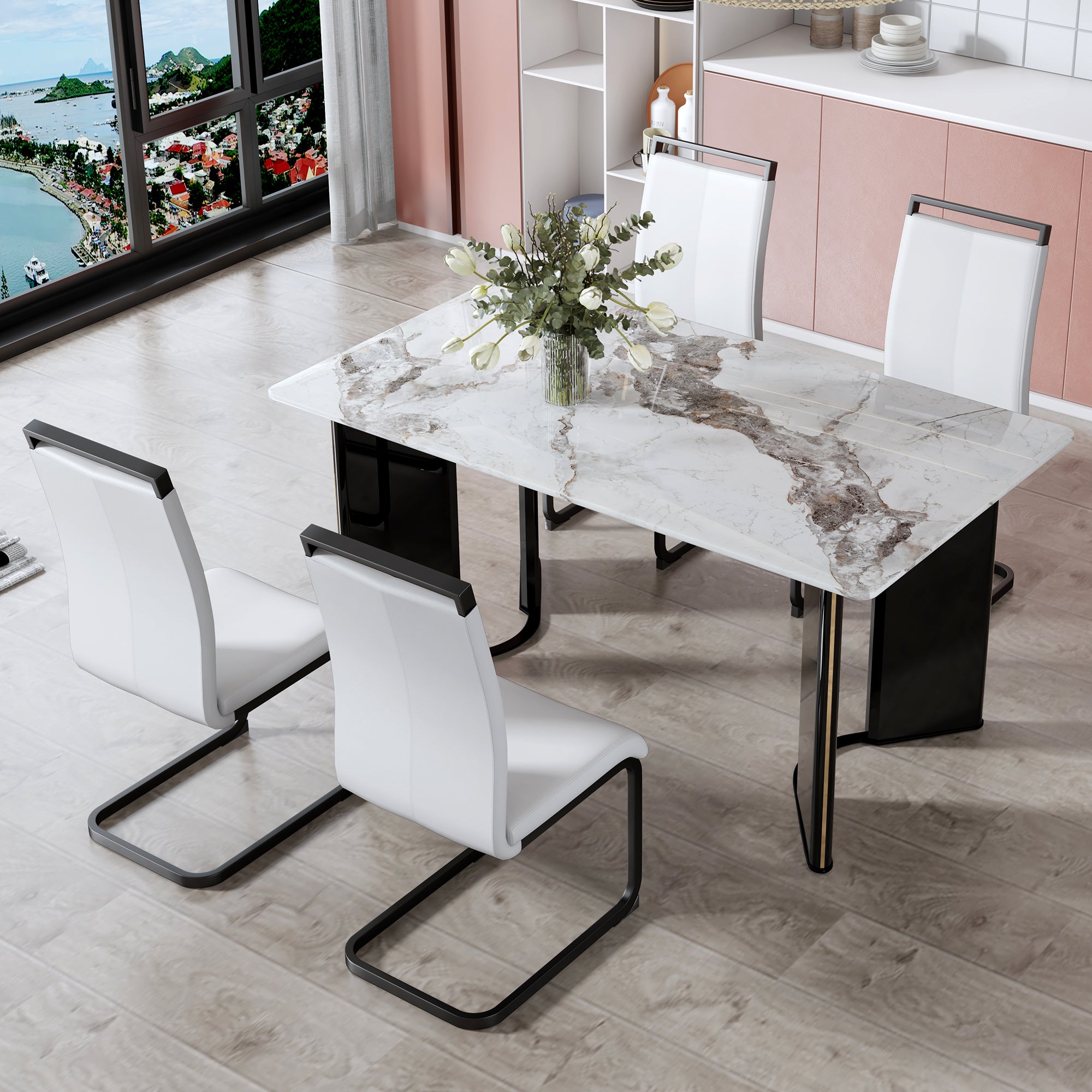 Table and chair set. A white imitation marble desktop with MDF legs and gold metal decorative strips. Paired with 4 dining chairs with white backrest and black metal legs.F-HH C-1162