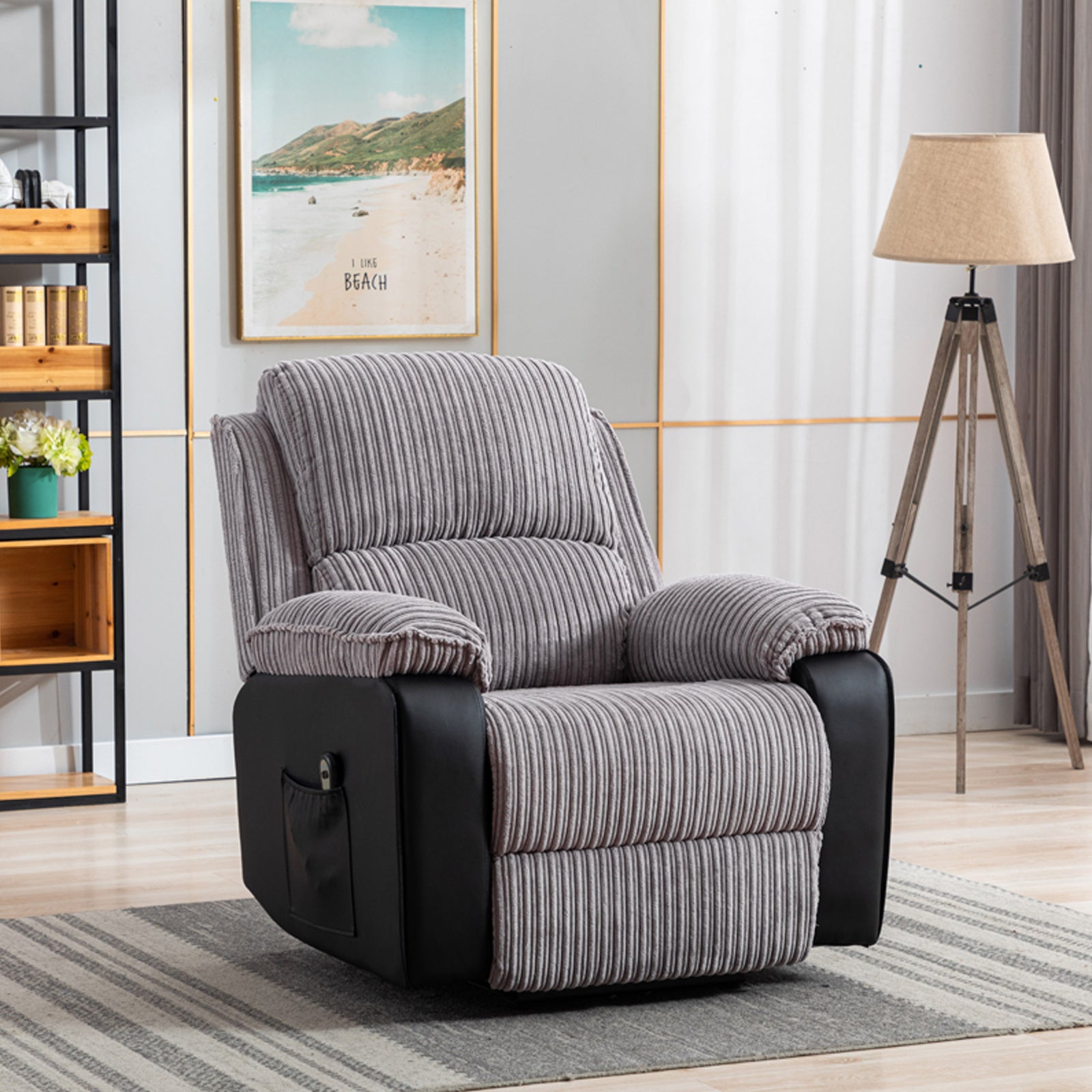 Grey Fabric Recliner Chair Theater Single Recliner Thick Seat and Backrest, suitable for living room, side bags Electric sofa chair, electric remote control.The angle can adjust freely