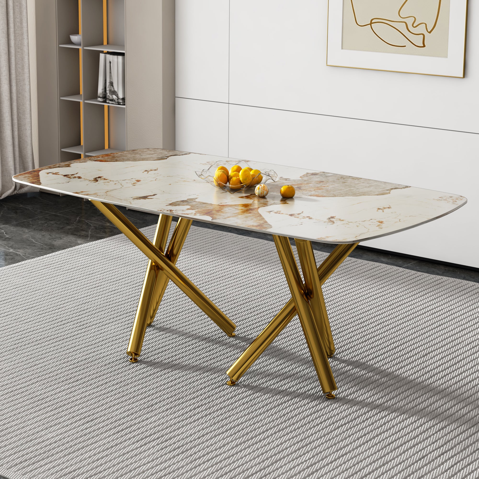 A modern minimalist rectangular dining table with a 0.39-inch imitation marble tabletop and gold-plated metal legs,for Kitchen Dining Living Meeting Room Banquet hall,1538