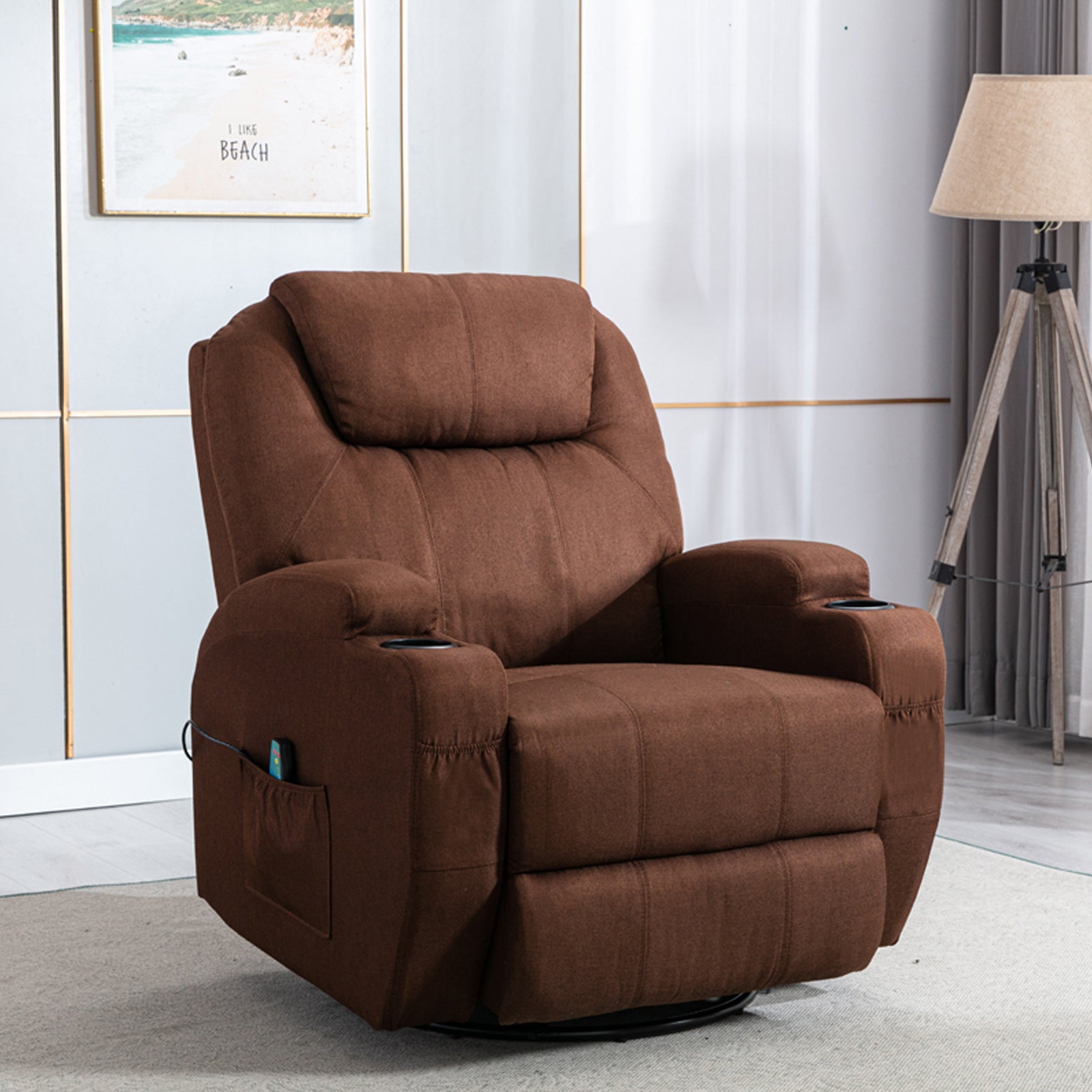 Brown textile multi-purpose recliner, heated, theater single Recliner, Eight point massage, electric remote control, ring-pull, cup holder, rocking and rotate, rotate 360 degrees, suitable for family