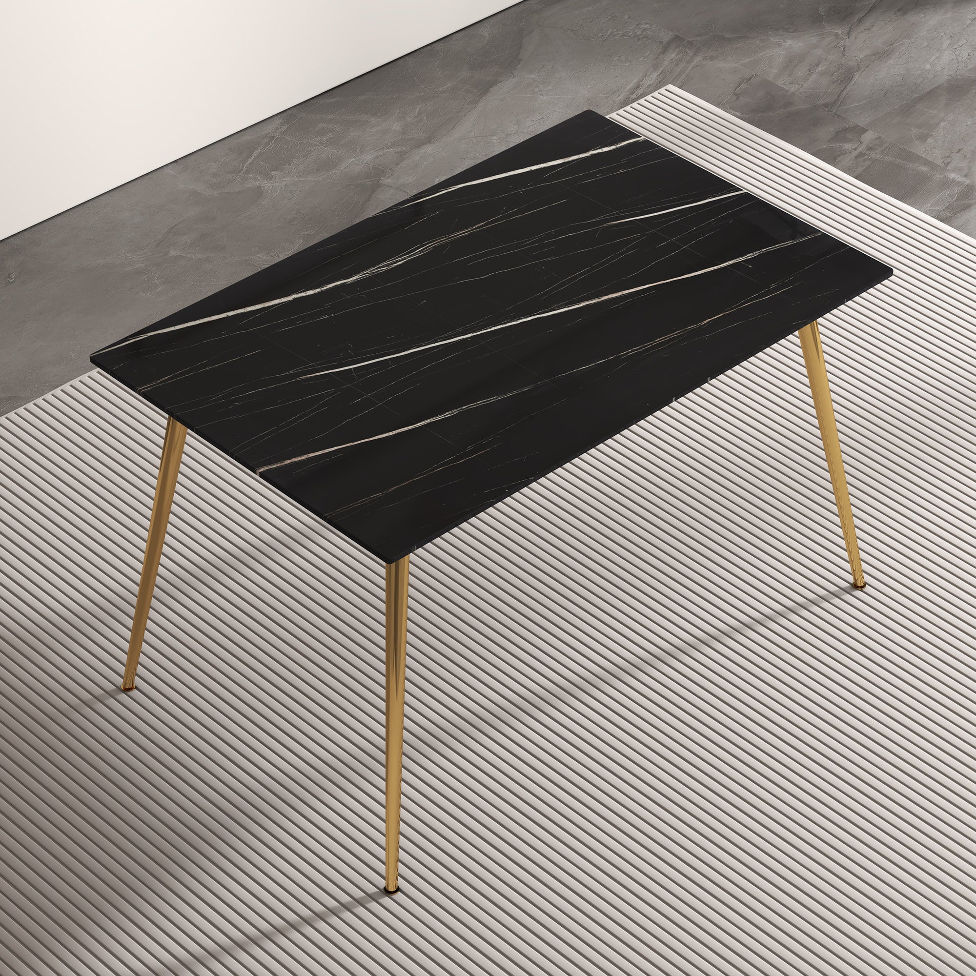 Modern minimalist rectangular black imitation marble dining table, 0.3 inches thick, gold color metal legs, suitable for kitchen, dining room, and living room 51.2"* 31.5" * 29.8 "DT-1544