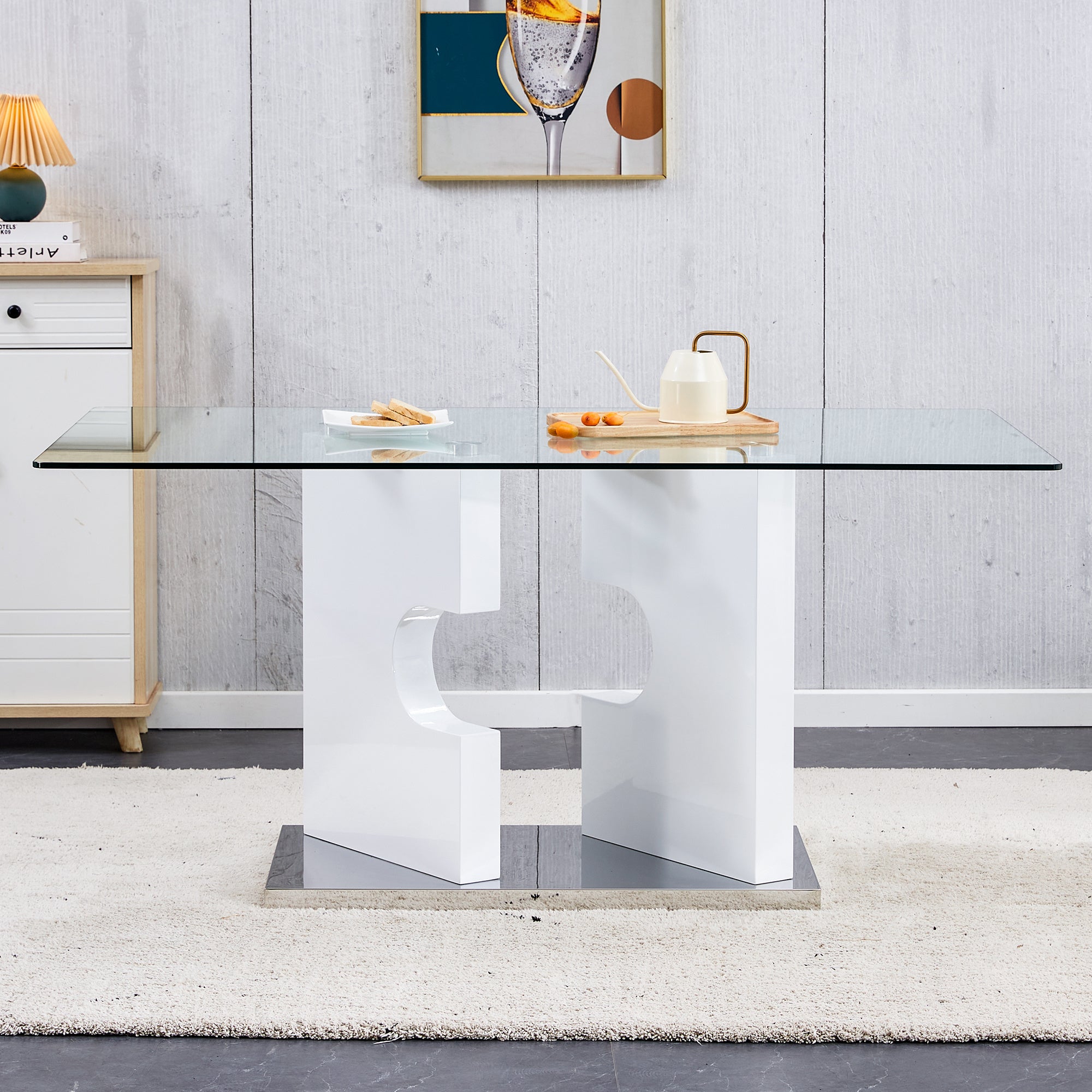 Large modern minimalist rectangular glass dining table, suitable for 6-8 people, equipped with 0.31 "thick tempered glass tabletop and MDF board irregular support, used in kitchens, restaurants 1547