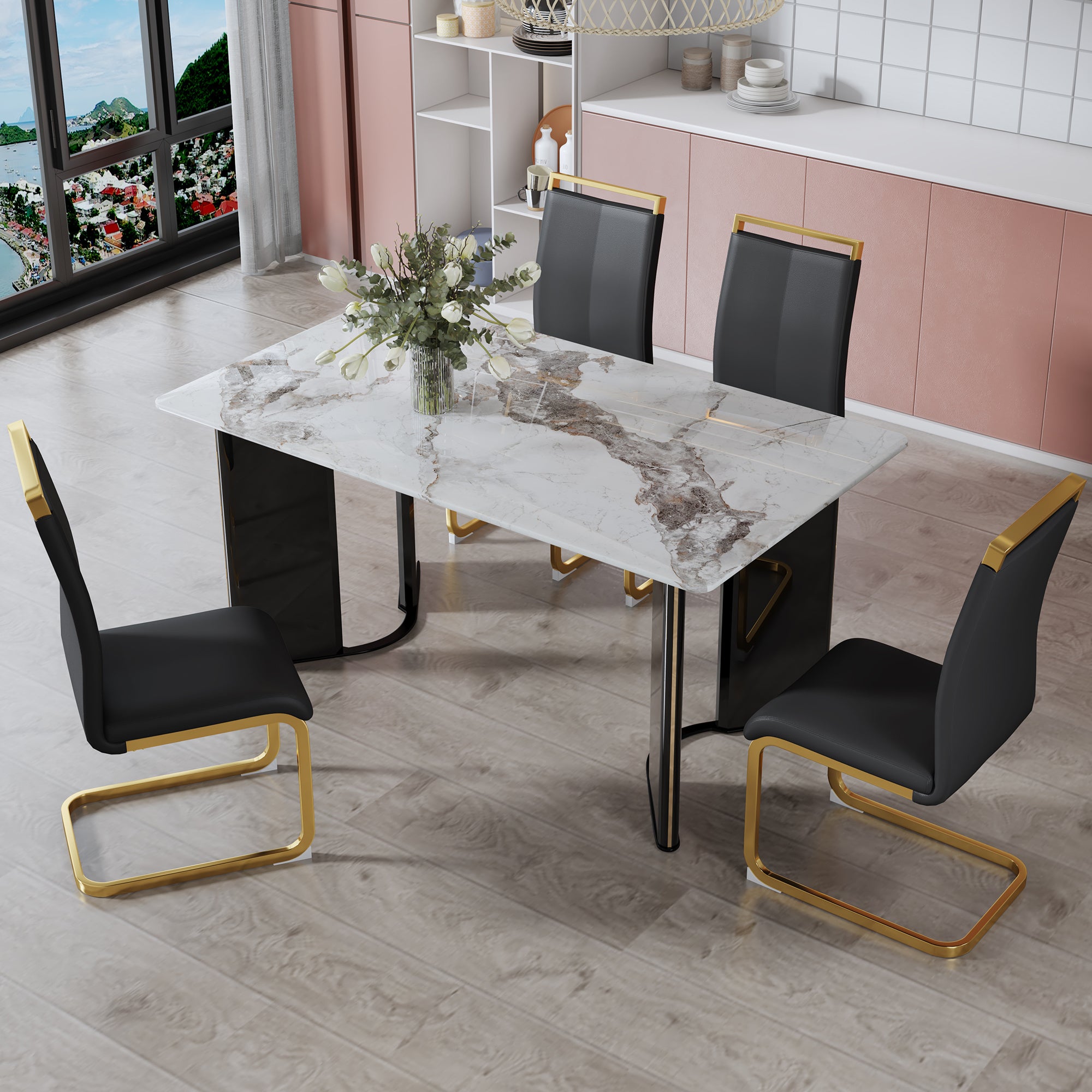 Table and chair set. 1 table and 4 black PU cushioned golden color leg chairs. White imitation marble tabletop, MDF table legs with gold metal decorative strips. Paired with 4 PU chairs. HH1162