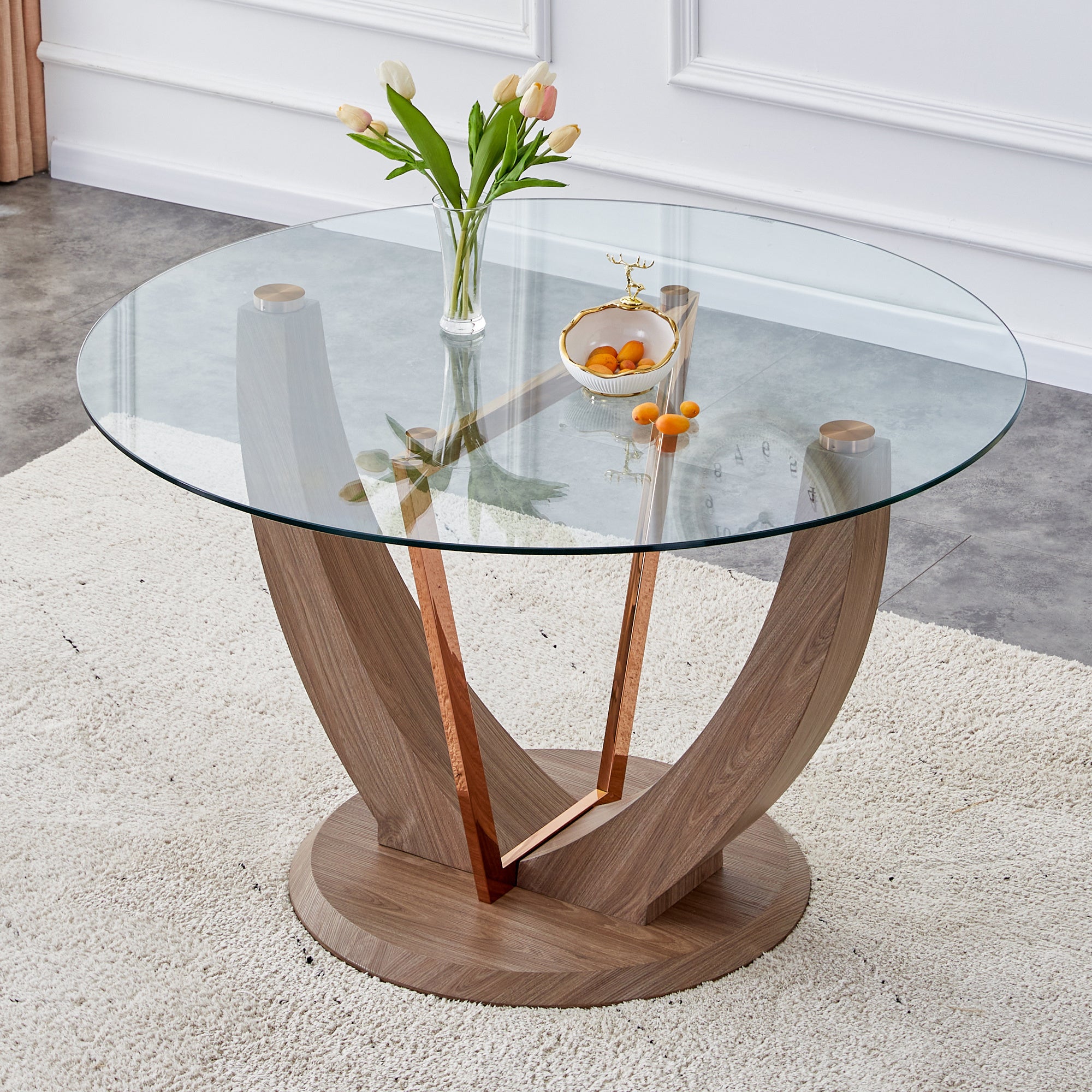 A modern minimalist circular tempered glass dining table with a diameter of 48 inches. Glass desktop+MDF wood texture table legs and base. 48 * 48 '' * 30 ''