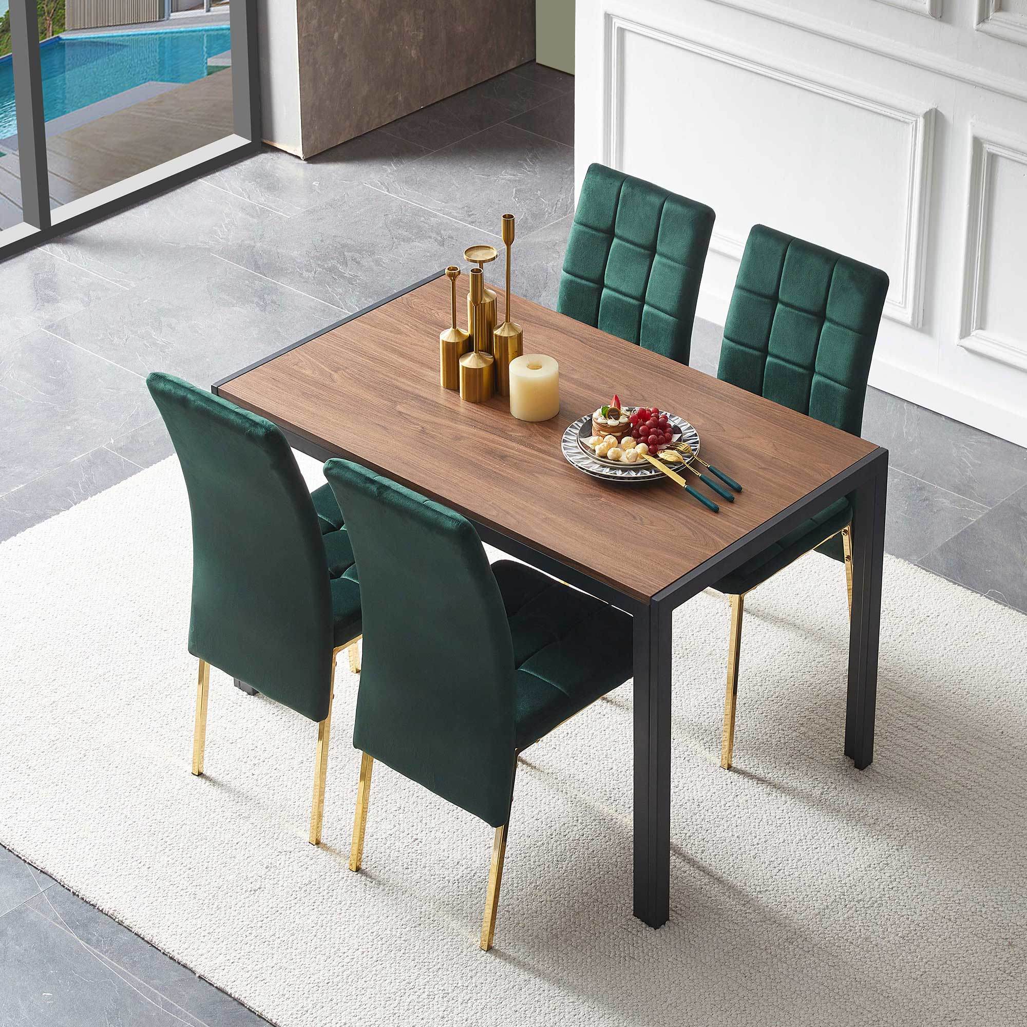 5-Piece Dining Set Including Green Velvet High Back Golden Color Legs Nordic Dining Chair & Creative Design MDF Dining Table